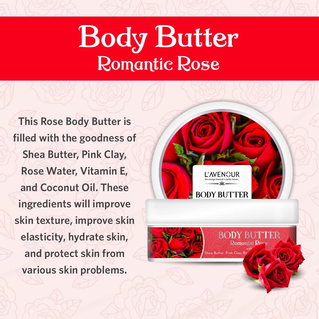 L'avenour Romantic Rose Body Butter for Dry Skin - Shea Butter & Vitamin E Moisturizer for Women & Men | Quick Absorbing, Non-Greasy Hydration | Perfect for Night Routine, Spa Days & Gift Giving - 200ml (3 Pack)