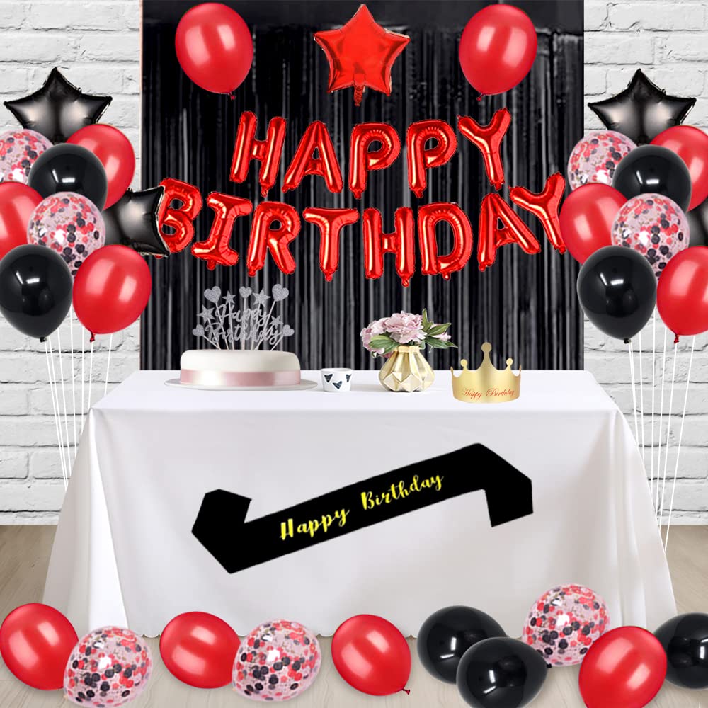 10th Birthday Party Decorations Kit - Red & Black Latex Balloons, Cake Topper, Sash, Foil Curtains & Star Balloons - Perfect for 10 Year Old Birthday Celebrations, Themed Parties & Milestone Decorations