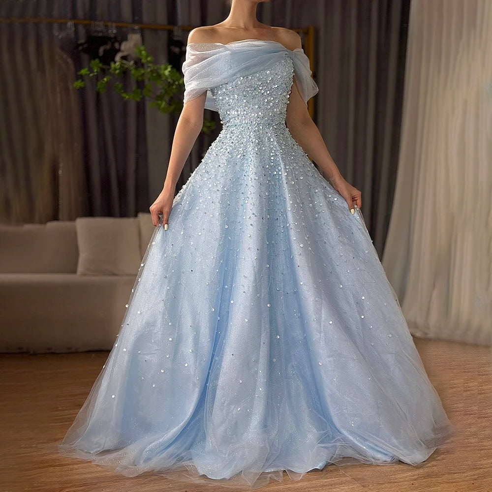 Elegant Blue Beaded Off-Shoulder A-Line Long Evening Gown for Women - Dubai Arabic Inspired Formal Dress LA72009A - Perfect for Weddings, Galas & Special Occasions