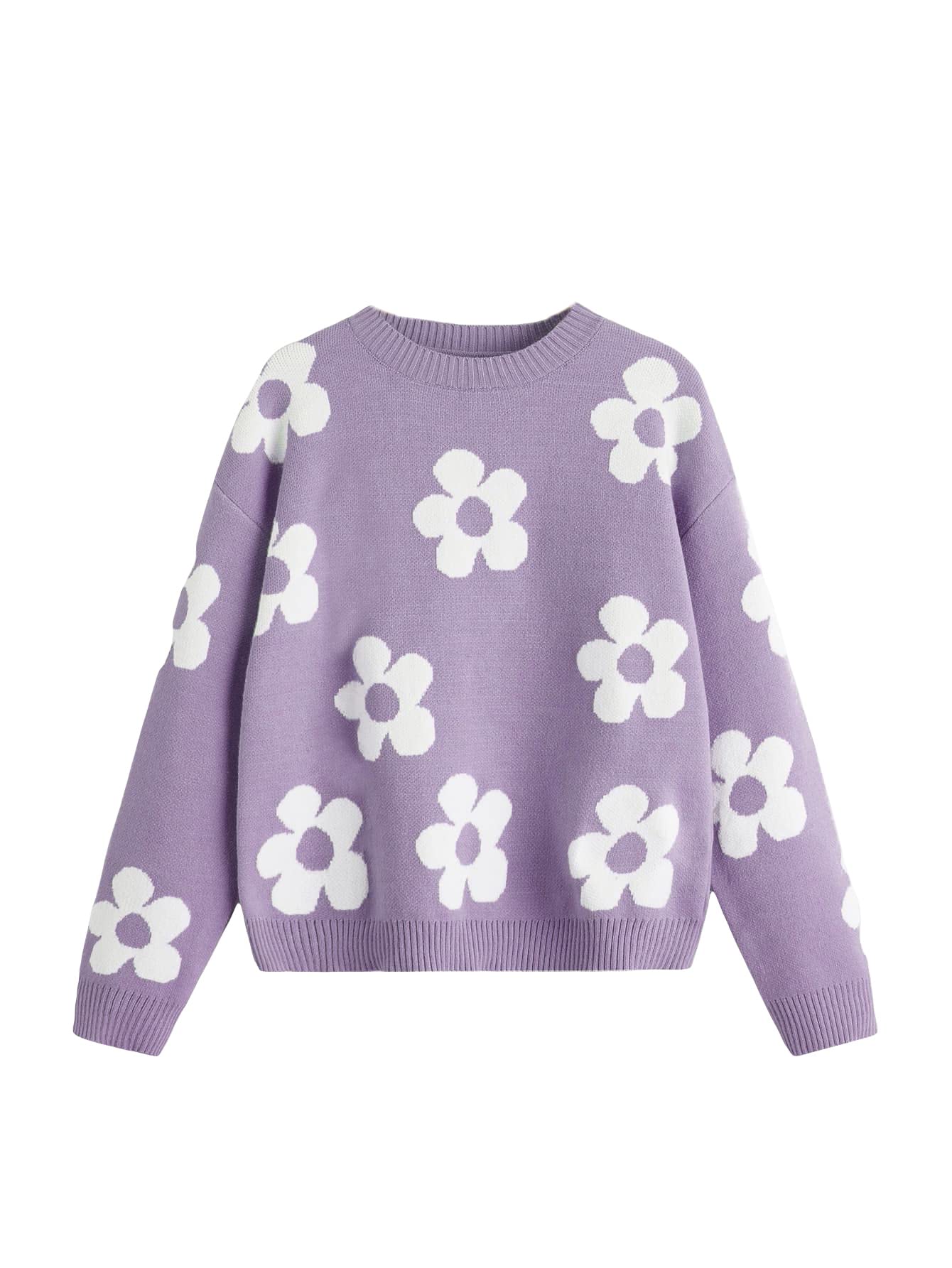 SHENHE Girls' Floral Print Long Sleeve Crewneck Sweater - Soft Casual Pullover Jumper Top for School, Fall Outfits & Family Photos