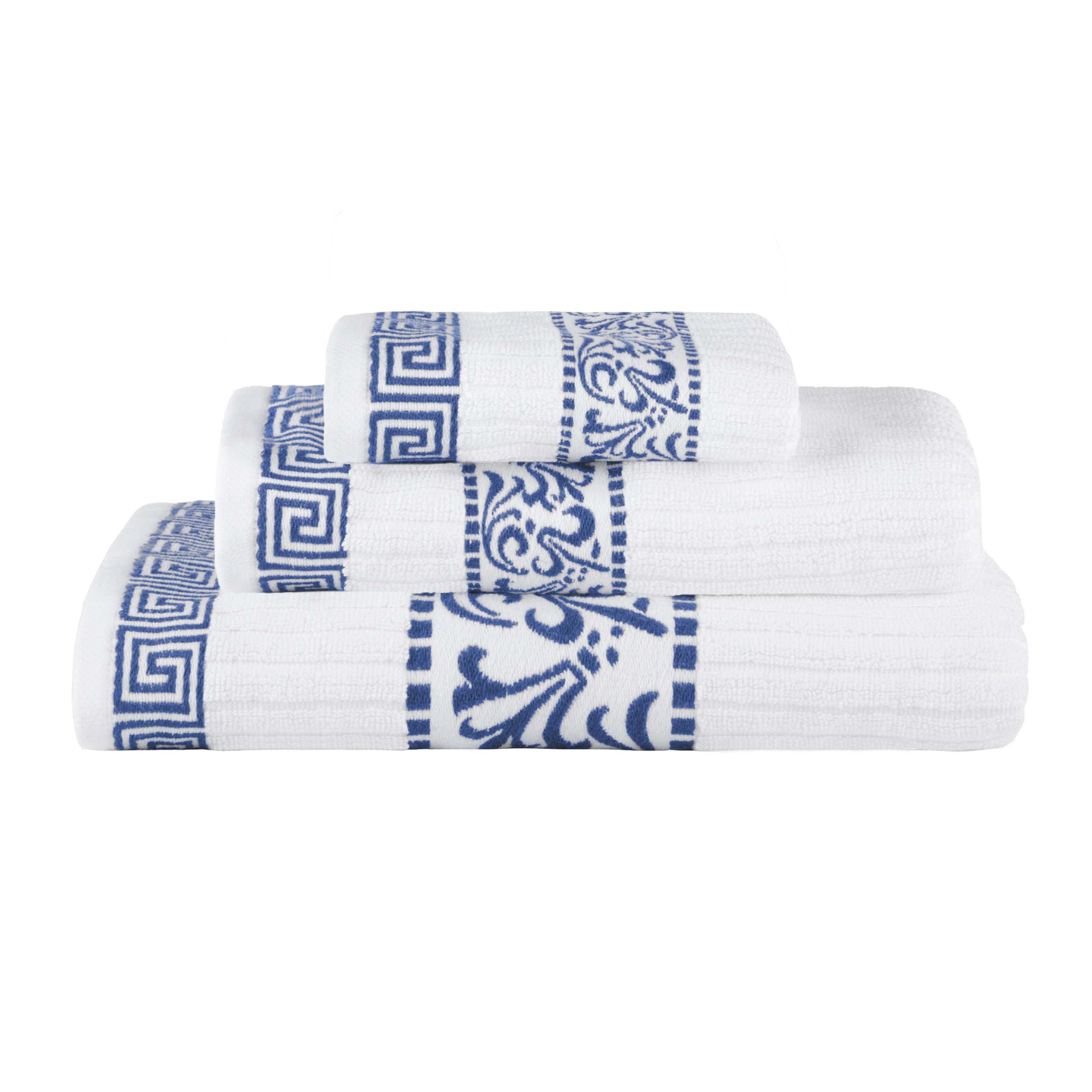Premium Athens Cotton Greek Scroll & Floral 3-Piece Bath Towel Set - Soft Absorbent Luxury Towels for Spa, Bathroom & Guest Use