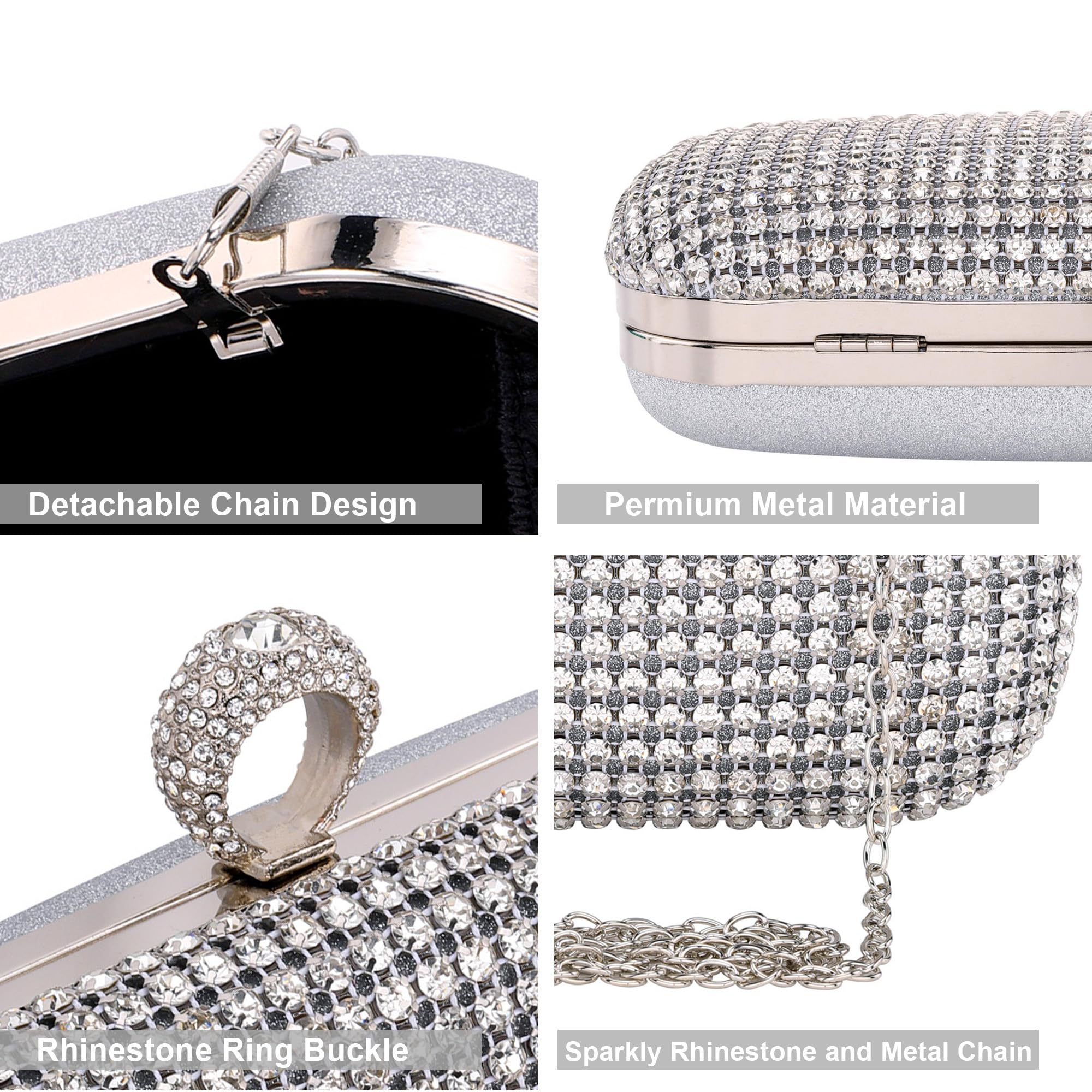 FALETO Women's Rhinestone Evening Clutch Purse - Sparkly Glitter Wedding Clutch Bag with Crystal Ring Clasp for Bridal Party, Prom, Dinner & Special Events