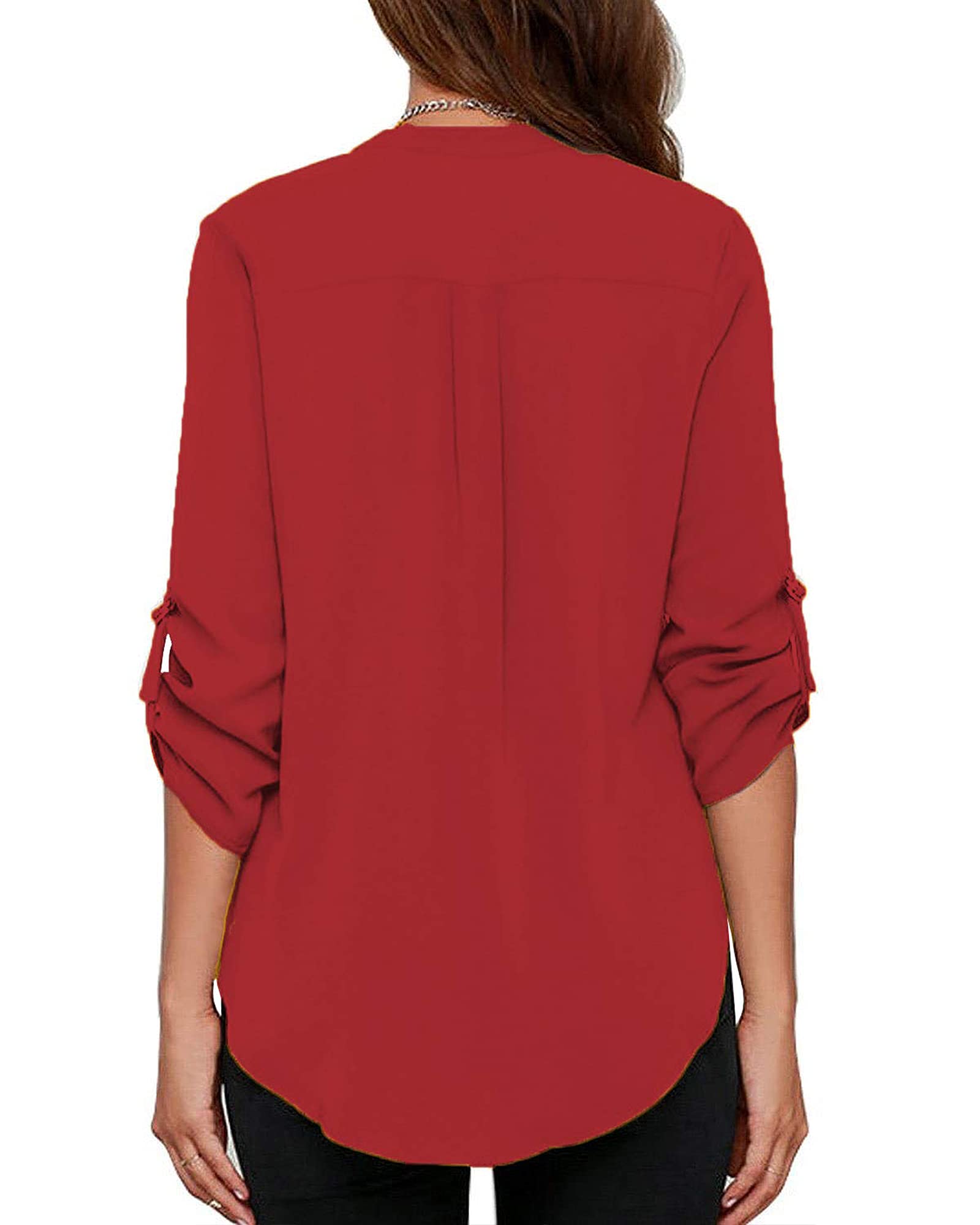Roswear Women's Chiffon V-Neck Blouse - Business Casual Work Top with Cuffed Sleeves | Office Wear, Professional Attire & Formal Occasions