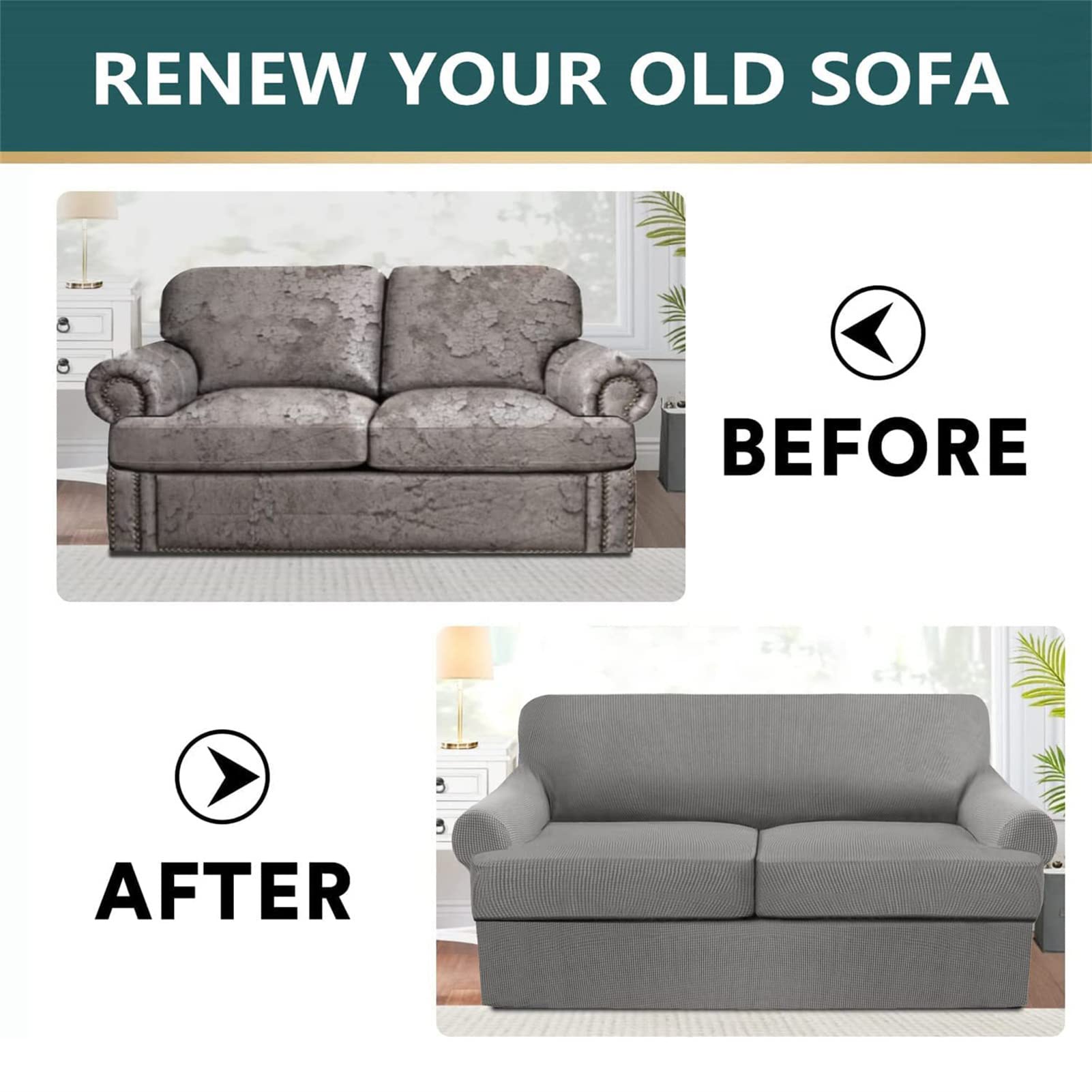 Stretch Jacquard Knitted 3-Piece Sofa Cover Set with 2 Large T-Cushion Covers - 71-96 Inch Couch Protector Slipcover (Grey) - Perfect for Living Room Furniture Protection & Home Decor