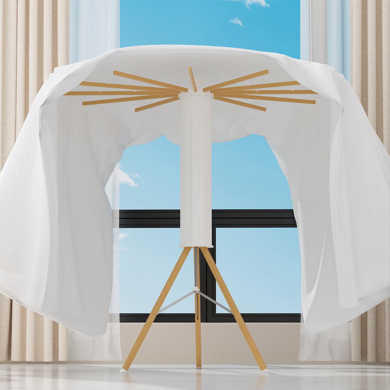 Portable Foldable Tripod Drying Rack with 12 Wooden Arms - Collapsible Standing Laundry Hanger for Clothes, Towels & Delicates | Perfect for Laundry Room, Balcony, Bedroom, RV & Travel Use