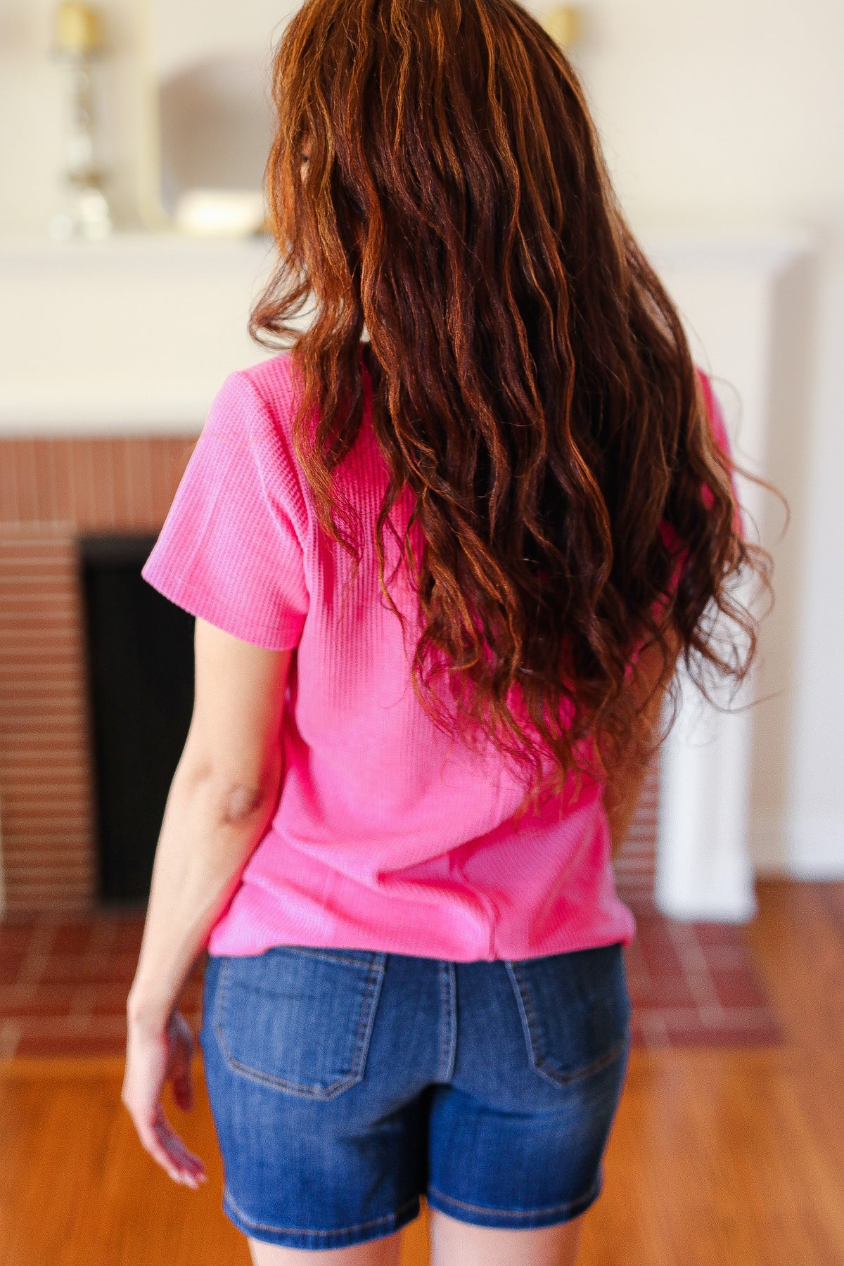 Soft Fuchsia Baby Waffle Henley Neck Top for Women - Comfortable & Stylish Casual Wear for Everyday, Maternity, and Nursing