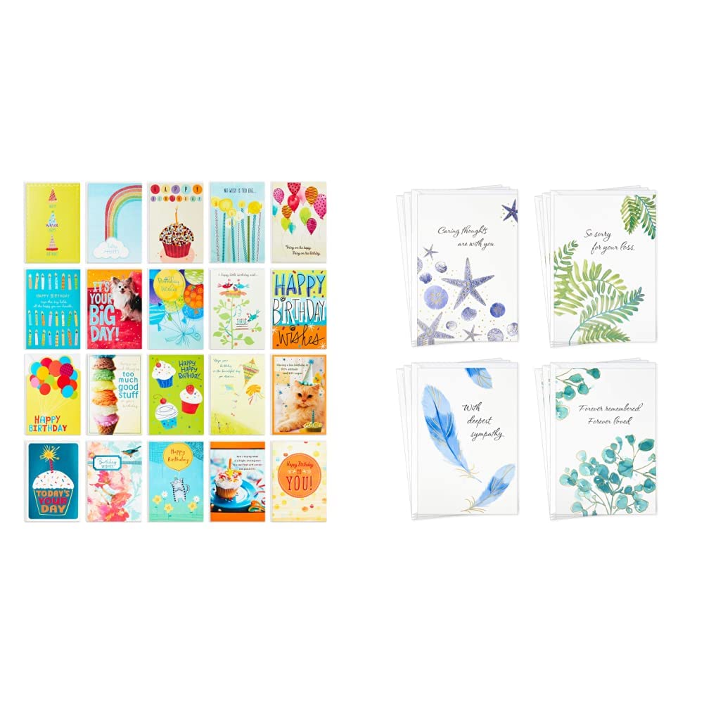 Hallmark Birthday & Sympathy Greeting Cards Set - 20 Birthday Cards & 12 Watercolor Nature Thinking of You Cards with Envelopes - Perfect for Celebrations, Condolences & Everyday Encouragement