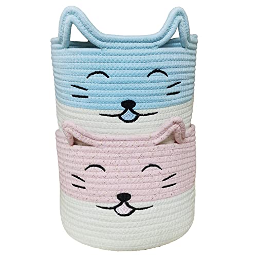 2 Pack Small Woven Cotton Rope Storage Baskets with Handles - 10 x 10 x 7 Inch Cute Cat Design Organizer for Baby Nursery Toys, Pet Supplies, Home Decor | Perfect for Toy Storage, Laundry, Gift Baskets & Clutter Control