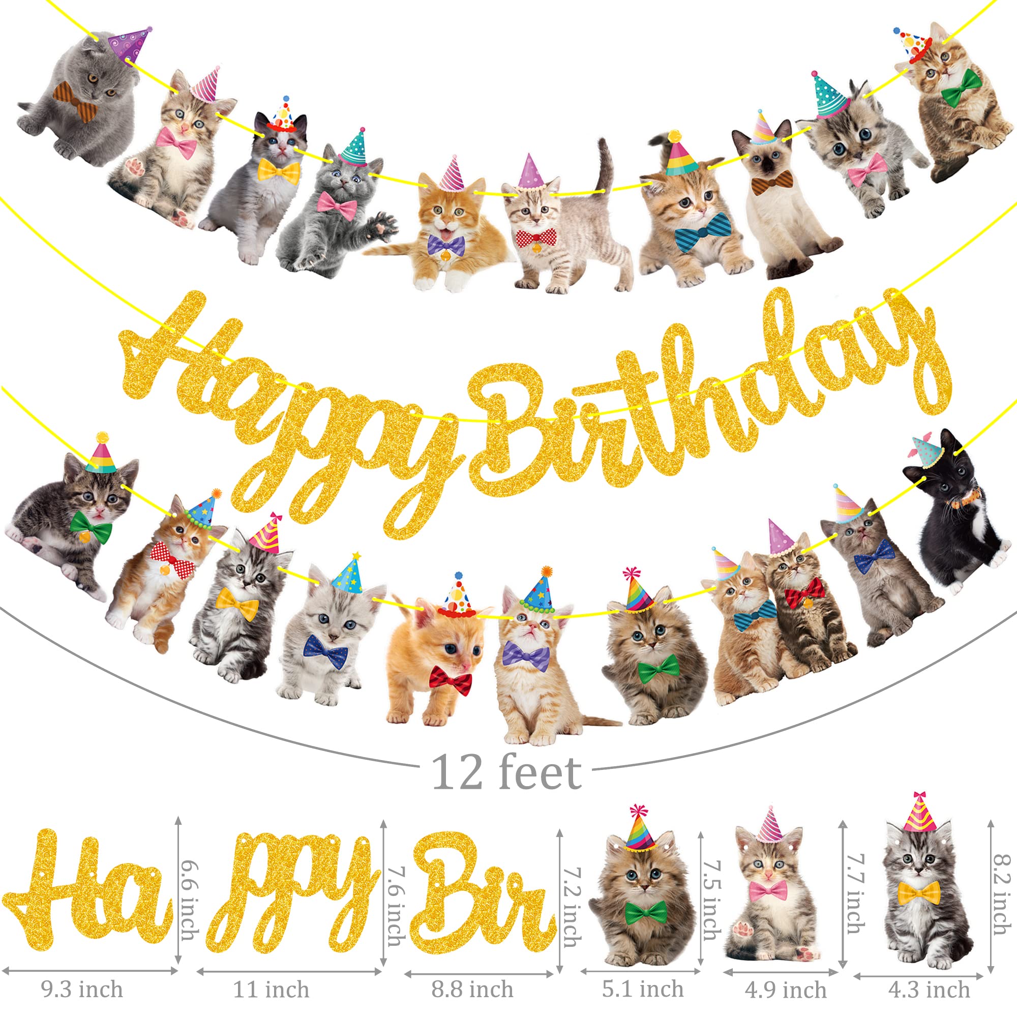 Gold Glitter Happy Birthday Banner for Cat & Kitten Theme Party Decorations - Pet Birthday Party Supplies for Indoor & Outdoor Celebrations