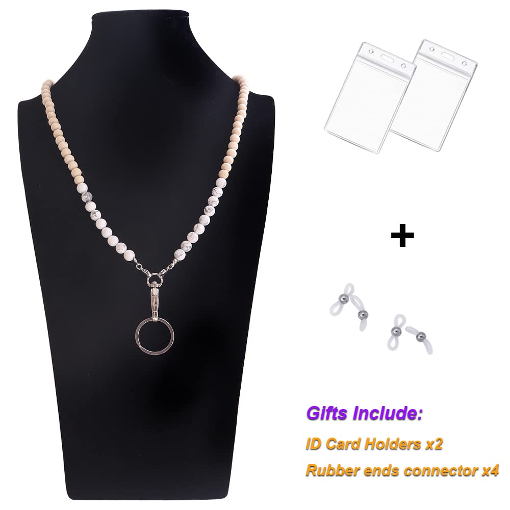 Beaded Wooden Lanyard for ID Badges & Keys - Natural Stone Necklace for Women - Office & Event Use