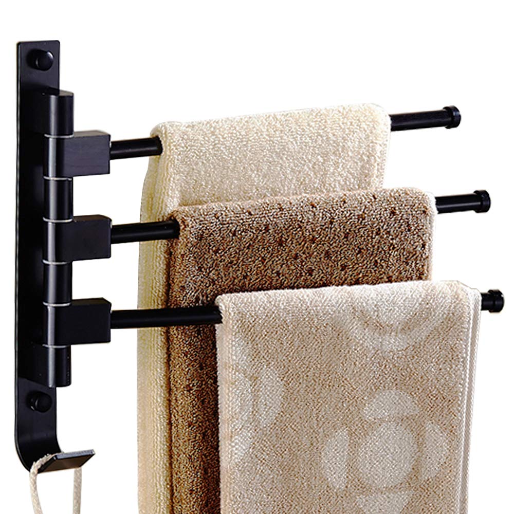 Wall Mounted Swing Out Towel Rack with 3 Hooks - Black Bathroom Towel Holder for Space Saving Storage | Perfect for Small Bathrooms, Laundry Rooms & Poolside Use