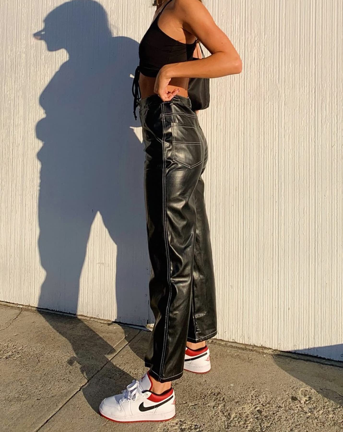 HaoMay Women's High Waist Black PU Leather Pants with Pockets - Wide Leg Faux Leather Culottes for Work, Party & Casual Outfits