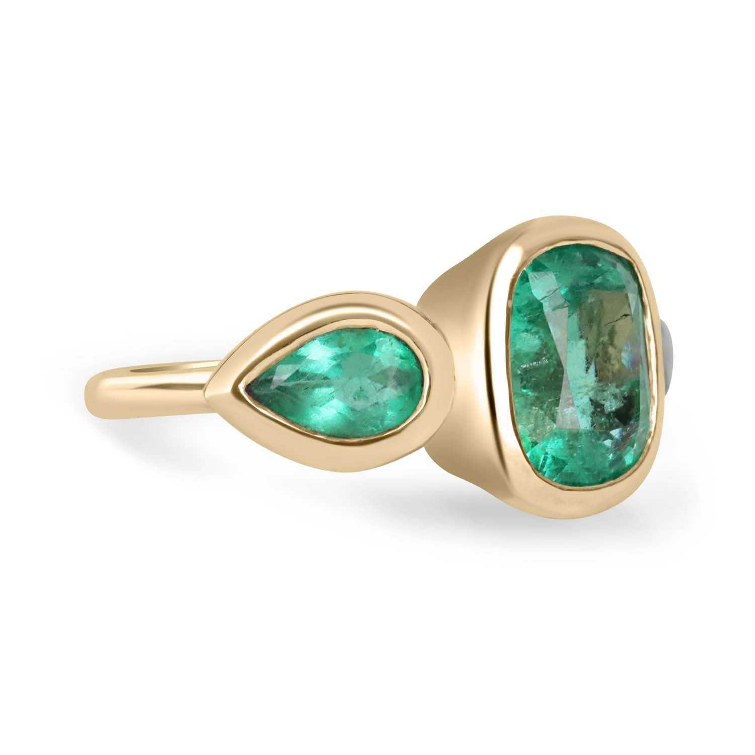 14K Gold Three Stone Cushion & Pear Emerald Ring (4.40tcw) - Elegant Jewelry for Engagement, Wedding & Special Occasions