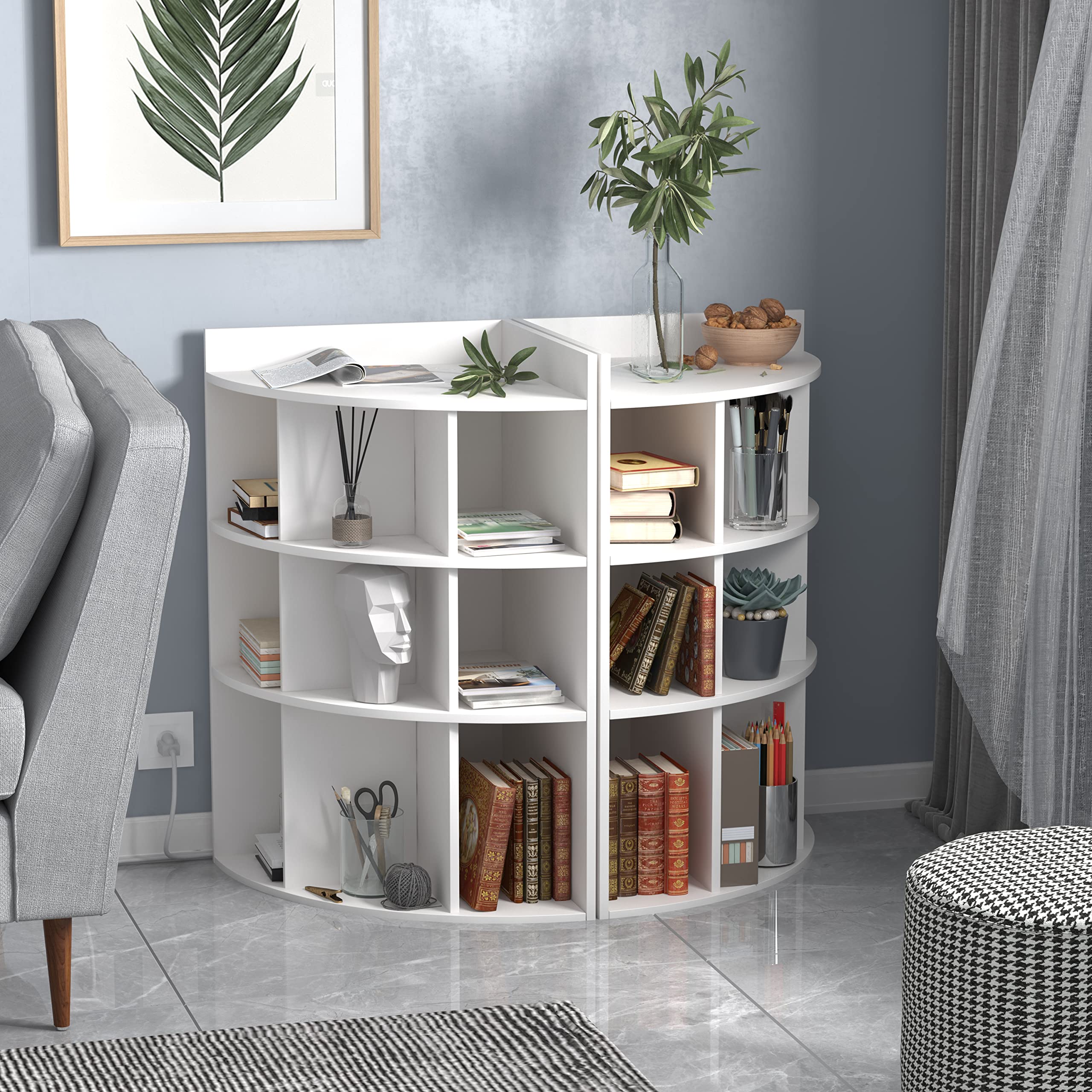 White 9-Cube Wooden Corner Cabinet Organizer with Charging Station - Multi-Purpose Toy Storage & Bookshelf for Playroom, Living Room, Bedroom - Space-Saving Corner Shelf for Home Organization