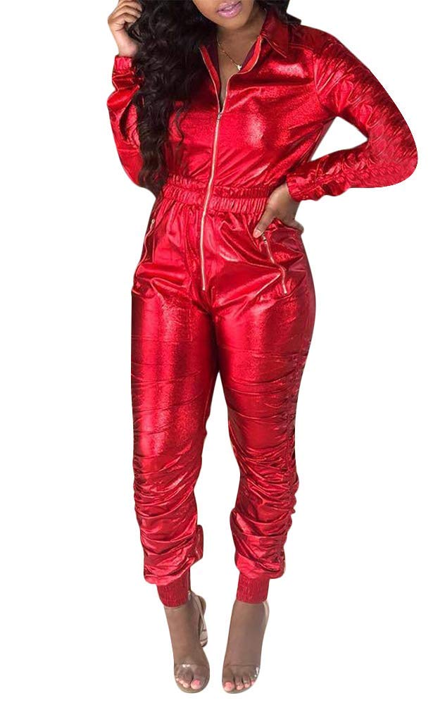 OLUOLIN Women's Sexy Faux Leather Long Sleeve Jumpsuit with Zipper & Elastic Waist - Stylish Bodysuit Romper for Night Out, Party, or Date Night
