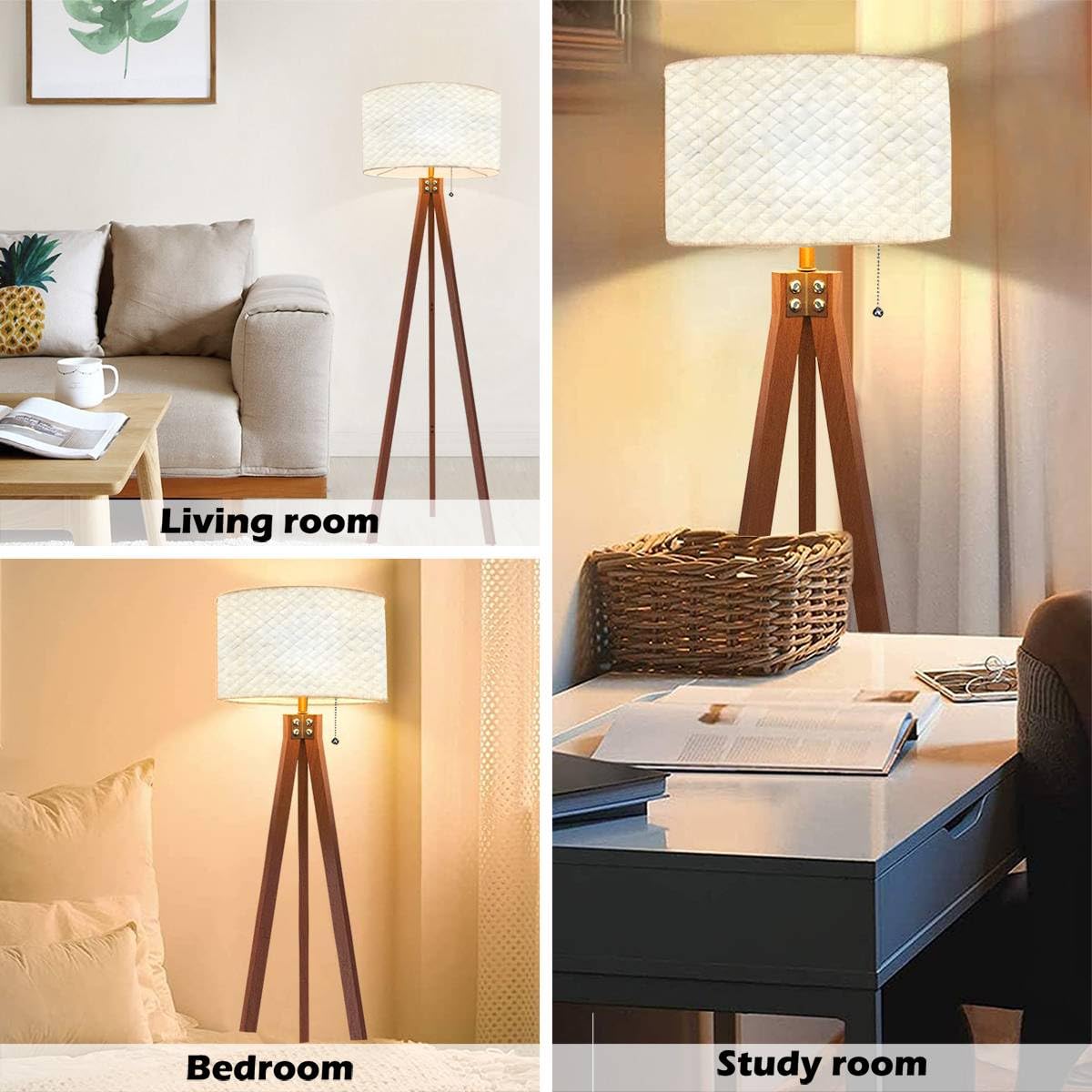 Modern Wood Tripod Floor Lamp with Dimmable Linen Lampshade - Mid Century Standing Lamp for Living Room & Bedroom - Perfect for Cozy Reading Nooks and Ambient Lighting
