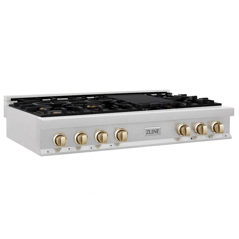 ZLINE Autograph Edition 48-inch 7-Burner Gas Rangetop with Porcelain Cooktop - Satin Stainless Steel & Polished Gold Accents (RTSZ 48 G) | Professional Kitchen Upgrade for Home Chefs & Culinary Enthusiasts