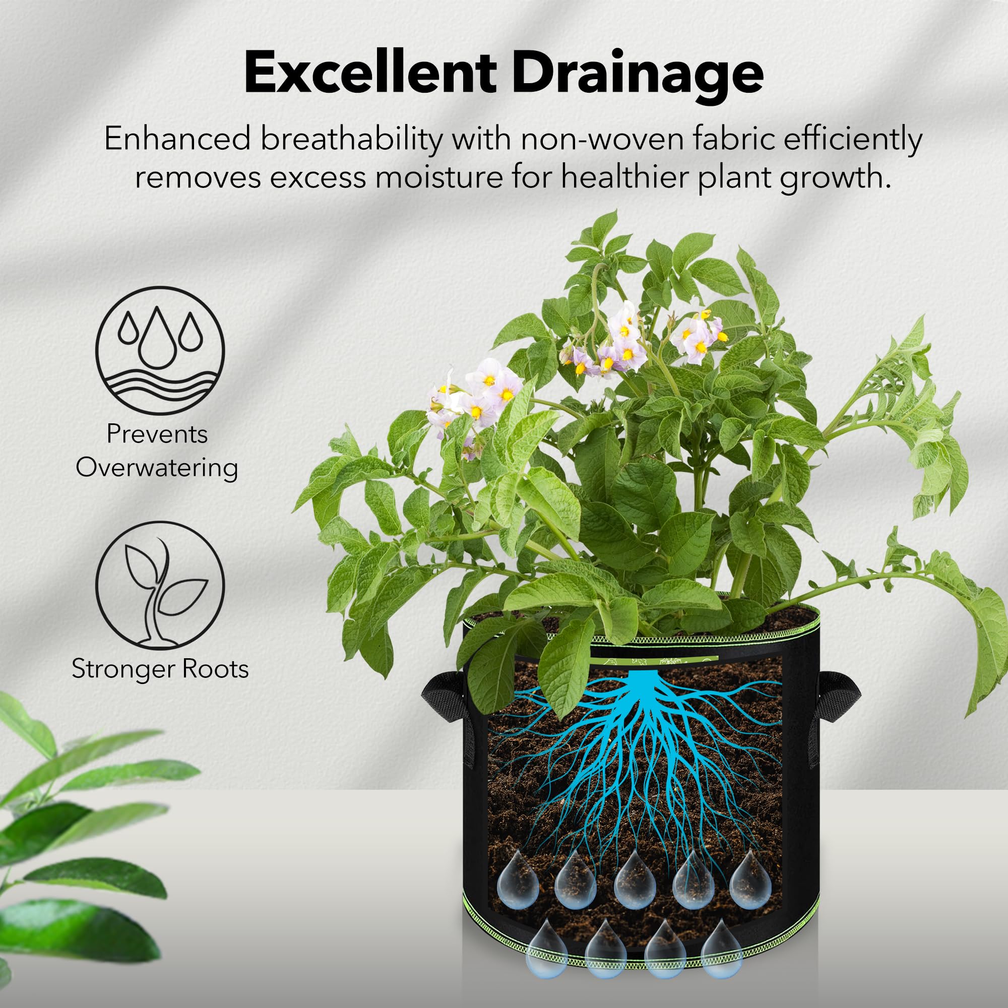BN-LINK 5-Pack 5 Gallon Heavy Duty Aeration Fabric Grow Bags with Handles - Thickened Nonwoven Plant Pots for Vegetables, Flowers, Fruits - Ideal for Indoor/Outdoor Gardening, Urban Farming & Container Planting