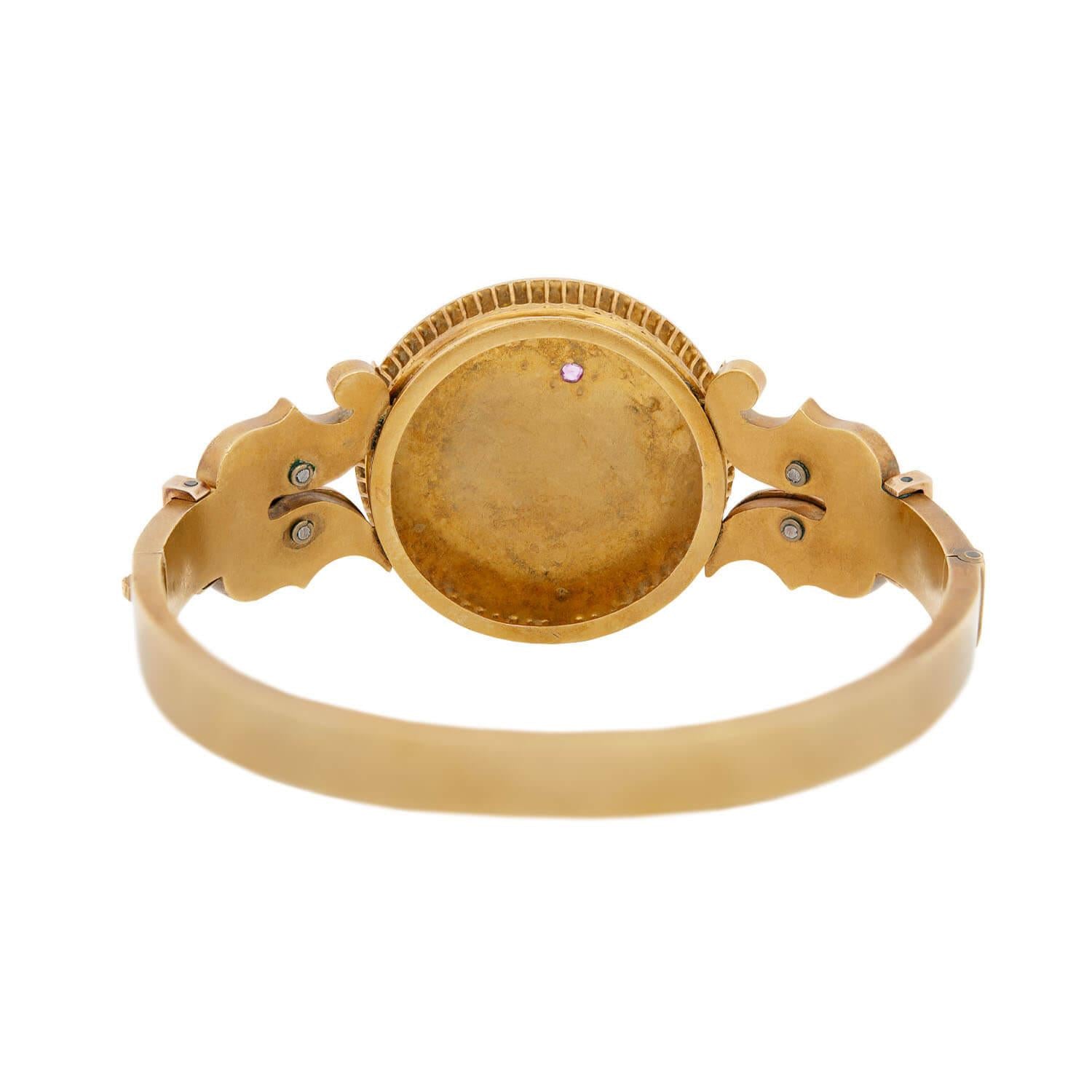Victorian 18k Gold Bangle with Ruby, Sapphire, Emerald & Pearl Enameled Cherub Design - Elegant Antique Jewelry for Weddings, Parties & Special Occasions
