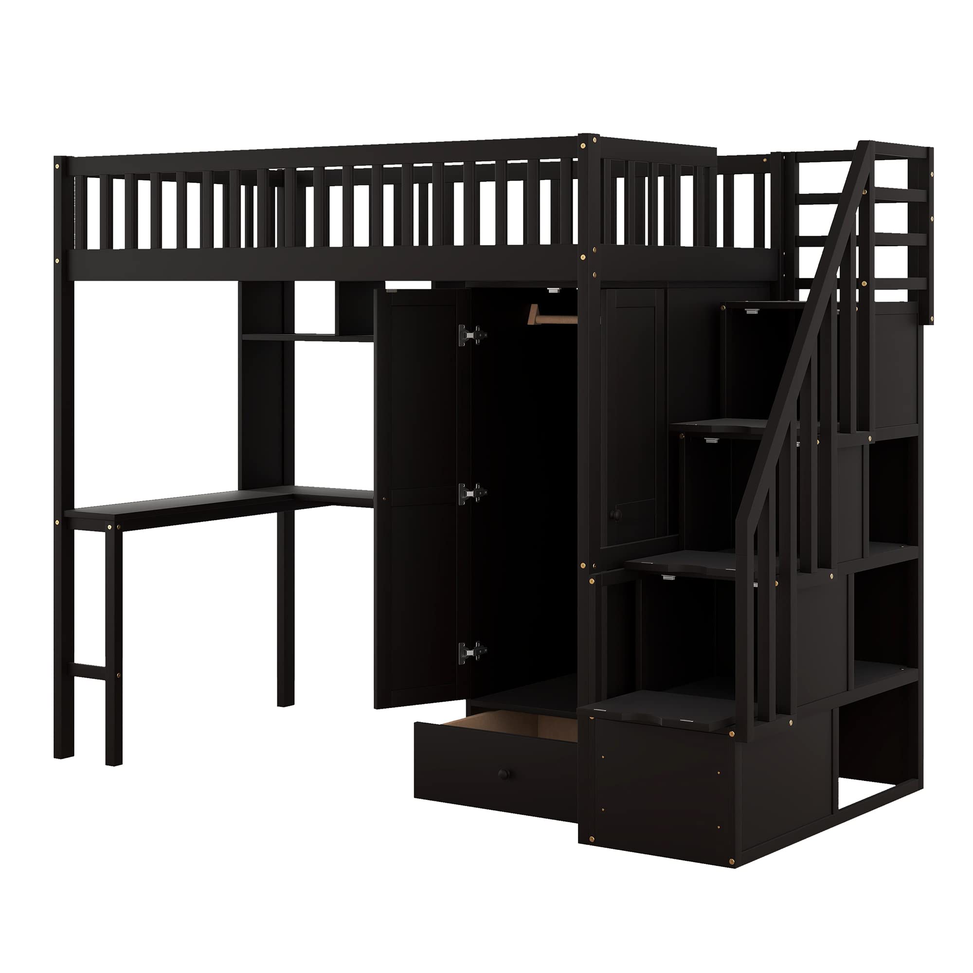 Harper & Bright Designs Twin Size Wood Loft Bed with Desk, Wardrobe, Bookshelf & Drawers - Space-Saving Study & Sleep Solution for Kids & Teens - Espresso Finish