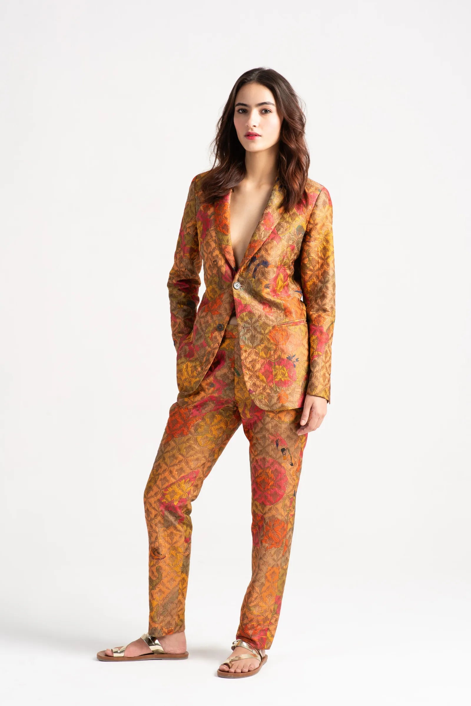 Elegant Boot Cut Trousers with Silk Brocade Grapefruit Design - Perfect for Office Wear, Evening Events & Special Occasions