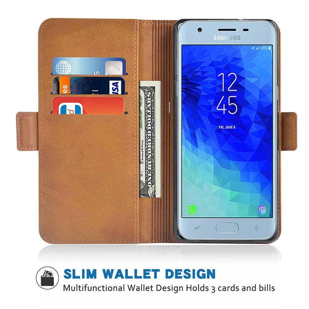 Premium Leather Wallet Case for Samsung Galaxy J7 Star/J7 Refine/J7 2018 (J737V) with Tempered Glass Screen Protector & Card Holder - Flip Folio Full Body Protection Cover (Brown) - Perfect for Women's Daily Use & Business Travel