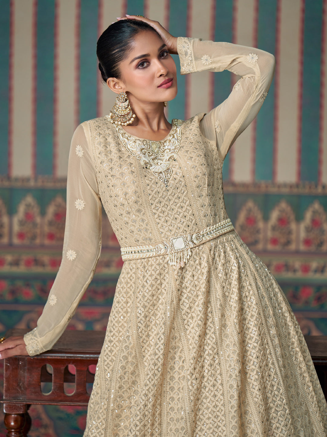 Elegant Beige Anarkali Suit with Heavy Chikankari Embroidery - Perfect for Weddings, Parties & Festive Occasions