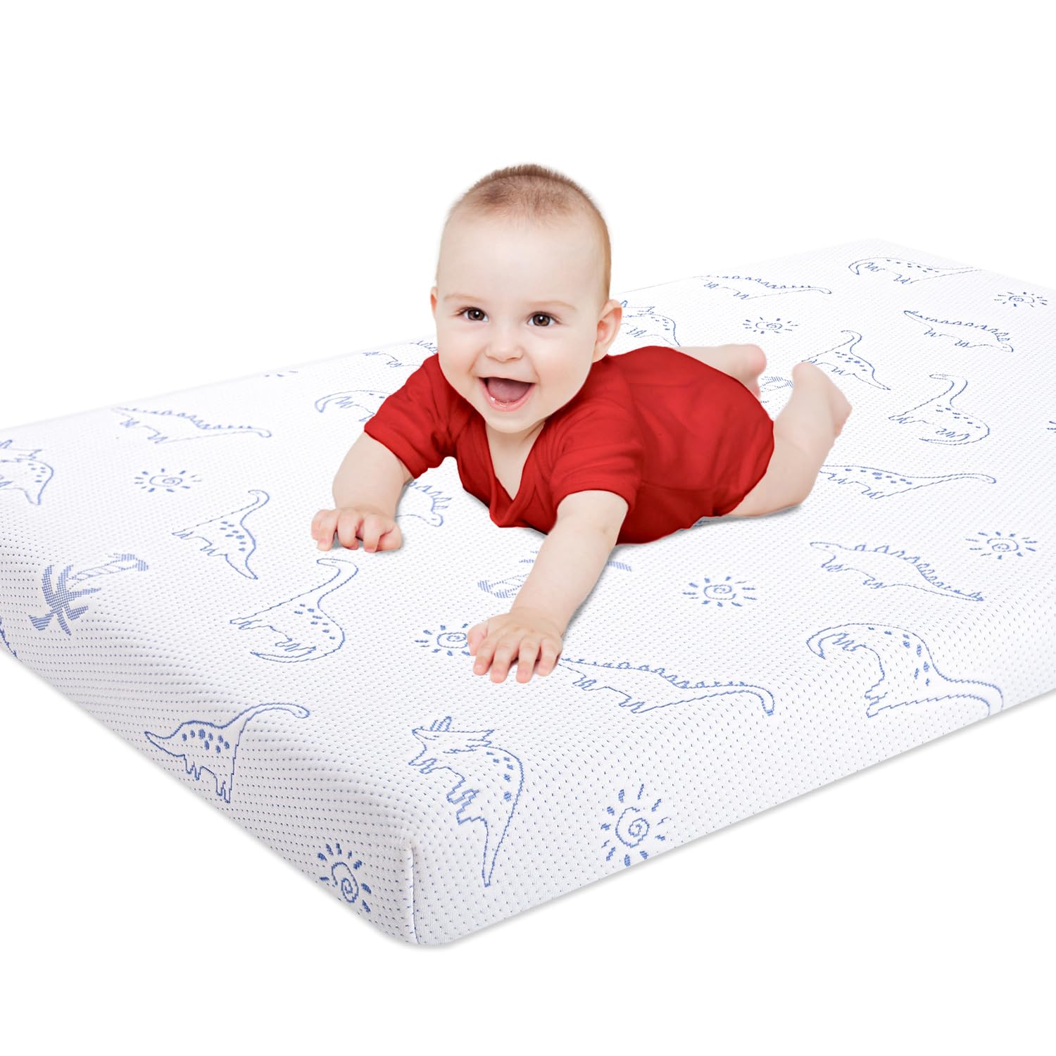 Dual-Sided Memory Foam Pack and Play Mattress Pad for Baby Toddlers - 38x26 Inch Portable Mini Crib Mattress with Ultra-Soft Dinosaur Cover, Removable & Washable - Perfect for Travel, Daycare & Home Nursery Use