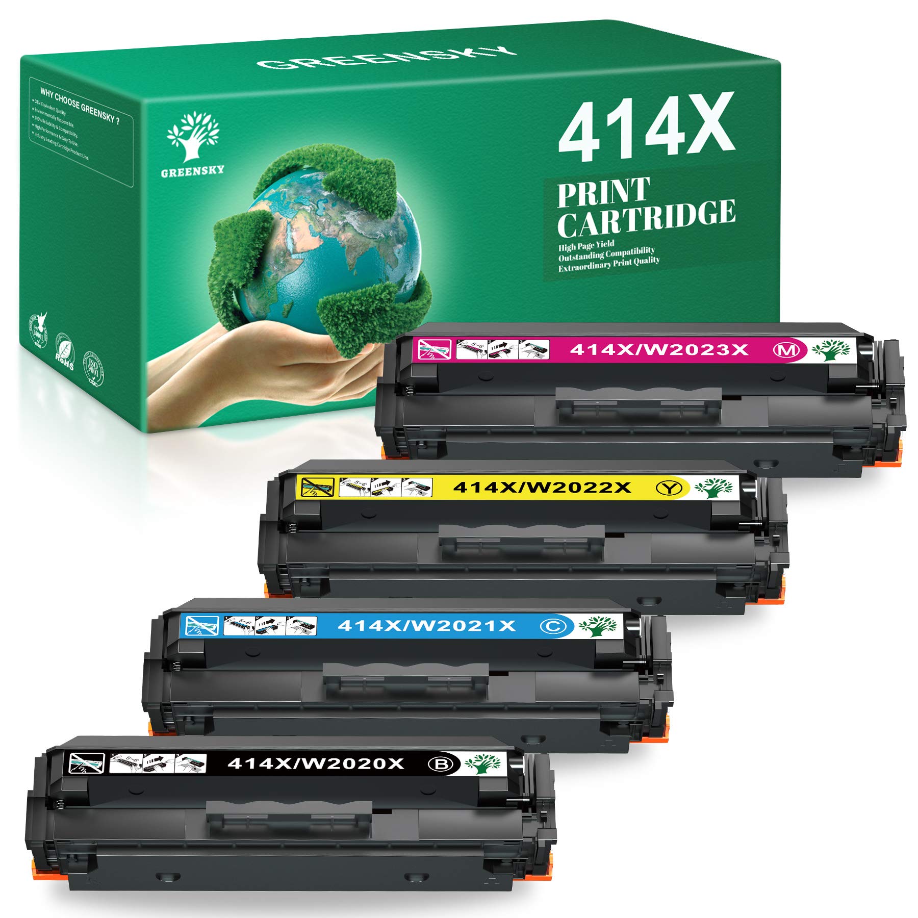 GREENSKY 4-Pack 414X Compatible Toner Cartridge Replacement for HP 414X W2020X W2021X W2022X 414A - Works with HP Color LaserJet Pro MFP M479fdw M479fdn M454dw M454dn M479 Printers (Black, Cyan, Yellow, Magenta) - High-Quality Printing for Office Documents, Home Projects & Business Reports