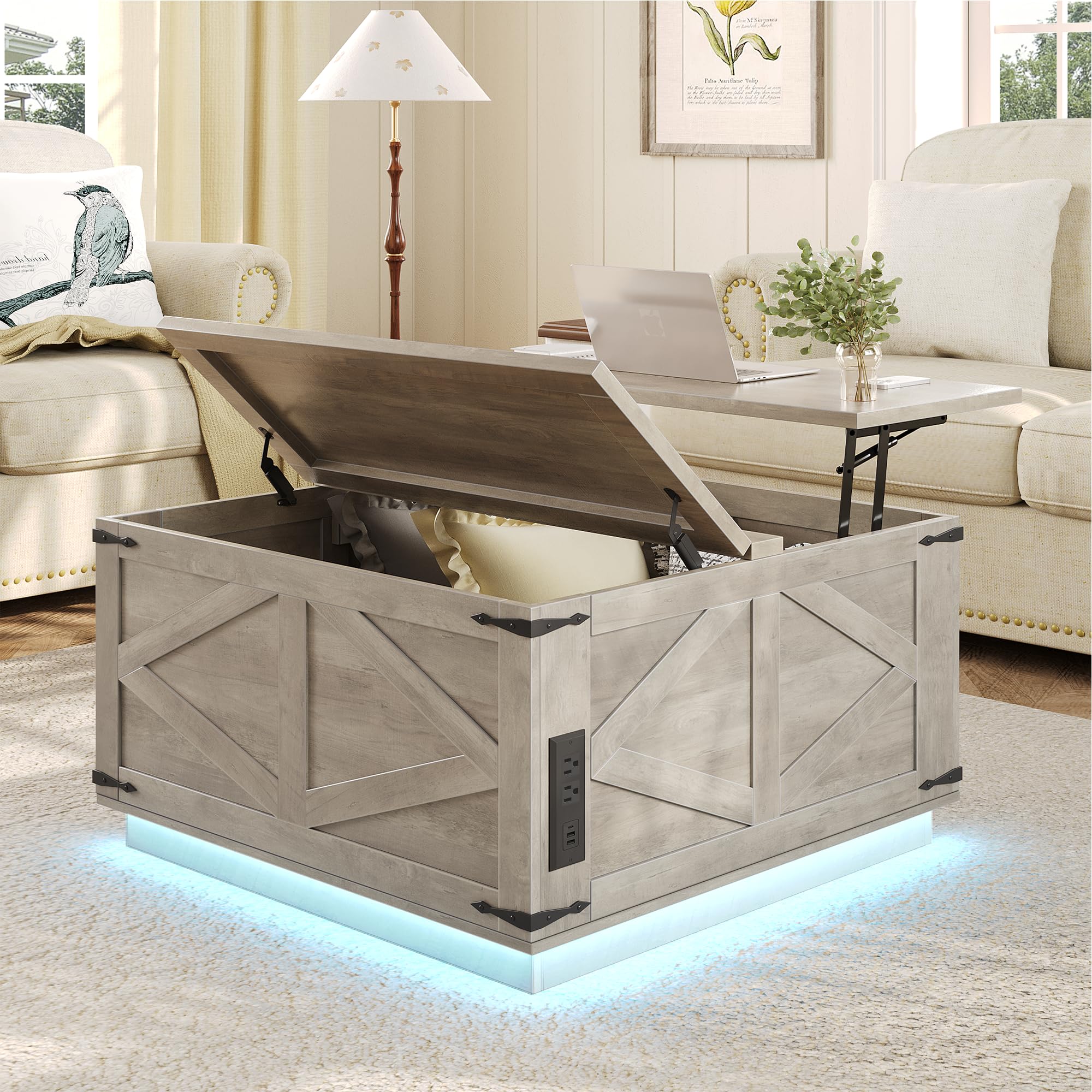 Rustic Lift Top Coffee Table with Storage - Square Wood Center Table with LED Light, USB Charging Station & Hidden Compartment - Farmhouse Living Room Furniture for Small Spaces (Grey) - Perfect for Entertaining, Reading & Remote Work