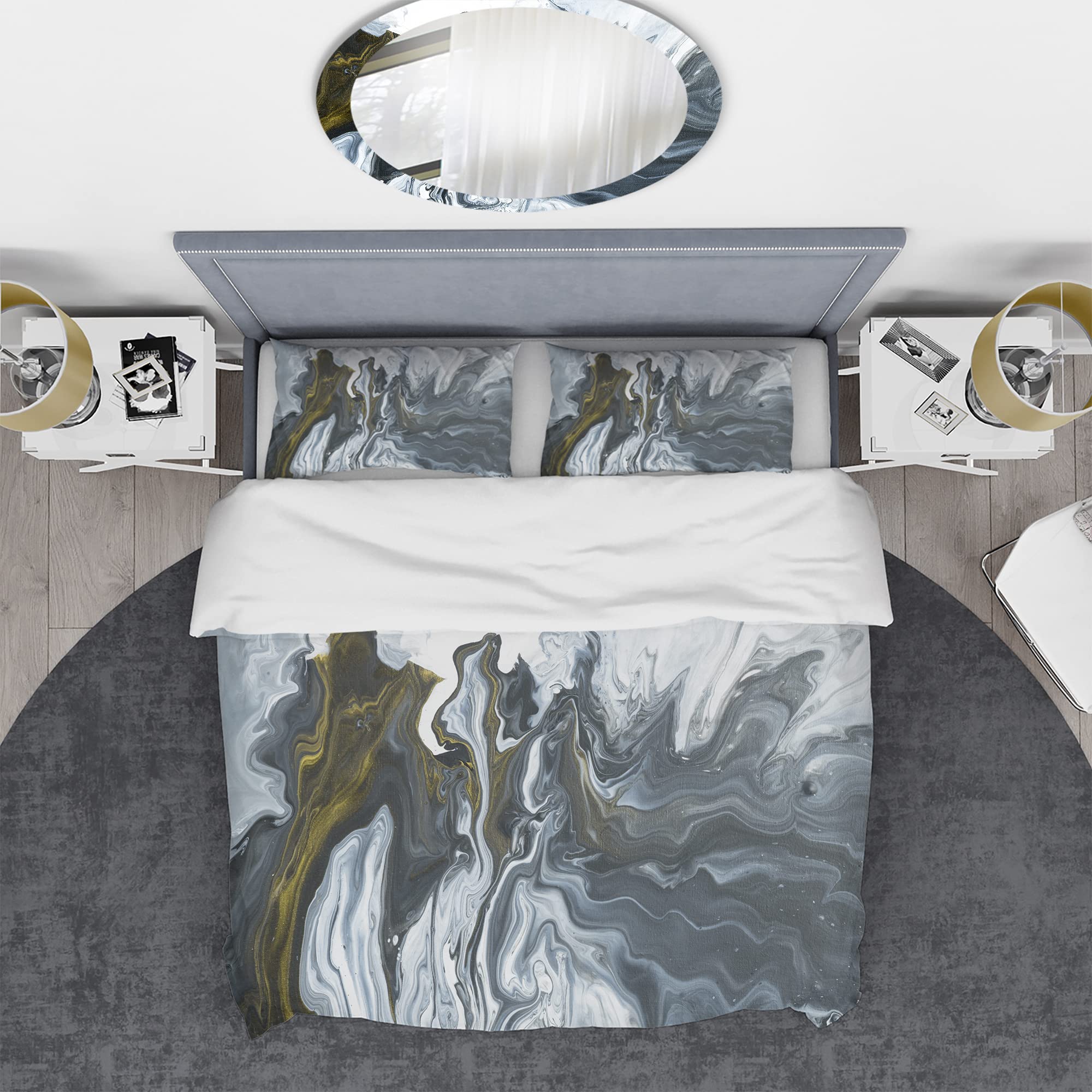 DesignQ 'Grey, Yellow & White Hand-Painted Marble Acrylic' Mid-Century Modern Duvet Cover Set - King Size Bedding for Contemporary & Boho Chic Bedrooms