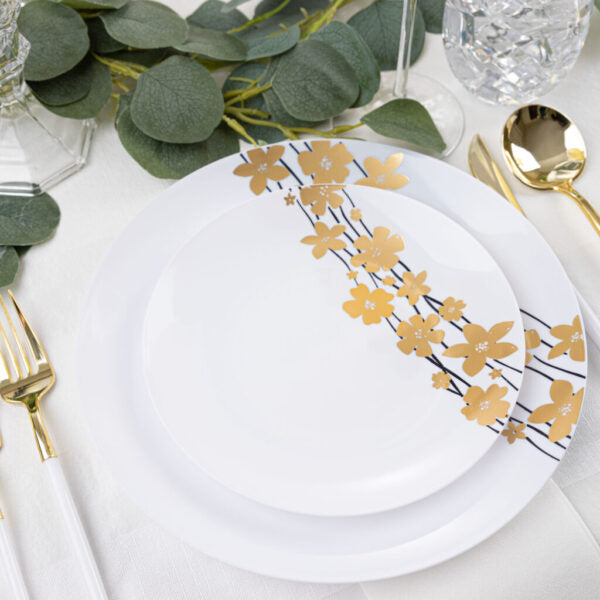 Elegant Black and Gold Round Plastic Plates - 10 Inch Disposable Party Dinnerware for Weddings, Birthdays, and Special Events - Durable and Stylish for Indoor/Outdoor Use