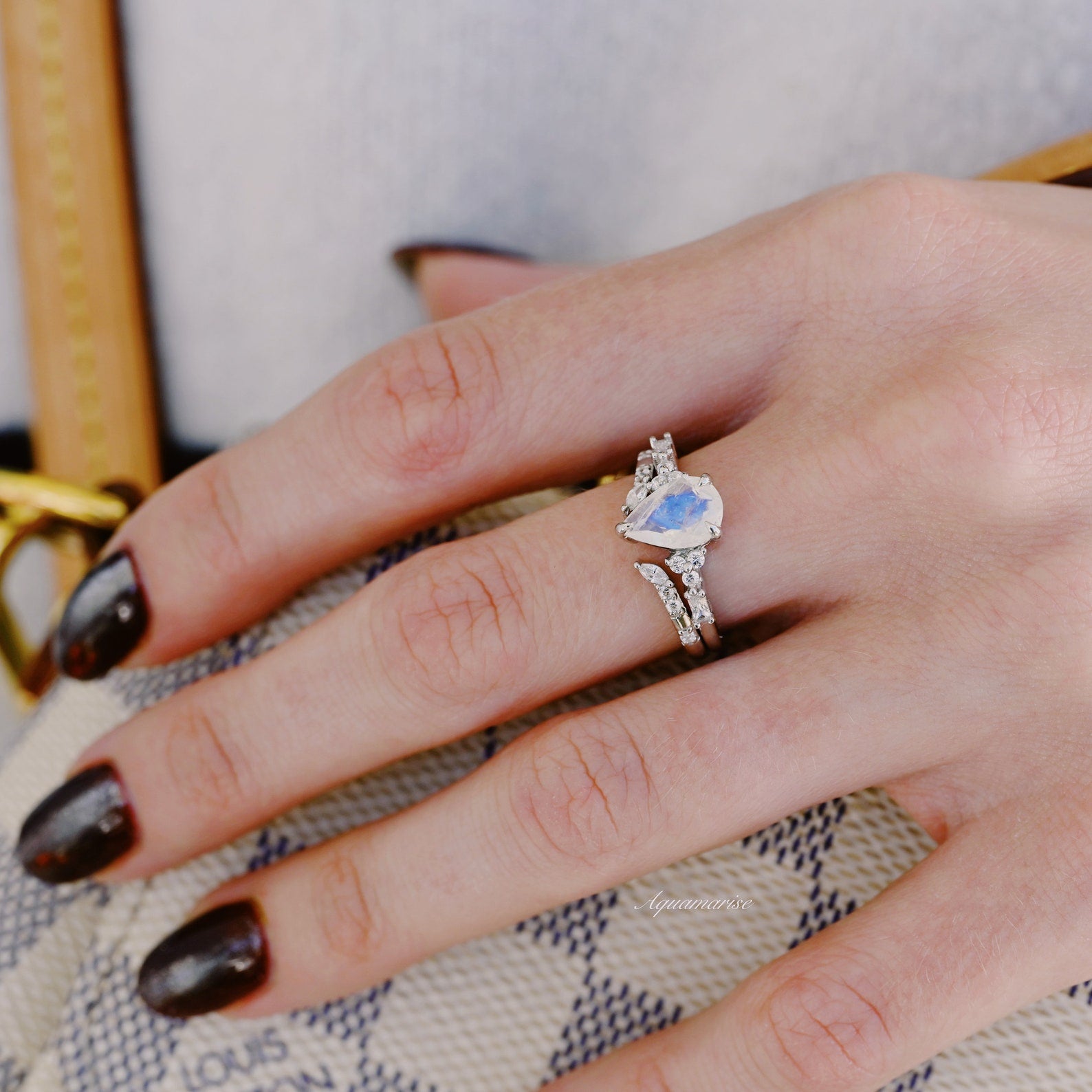 Natural Moonstone Teardrop Ring Set - Sterling Silver Jewelry for Women, Elegant Boho Style for Everyday Wear & Special Occasions