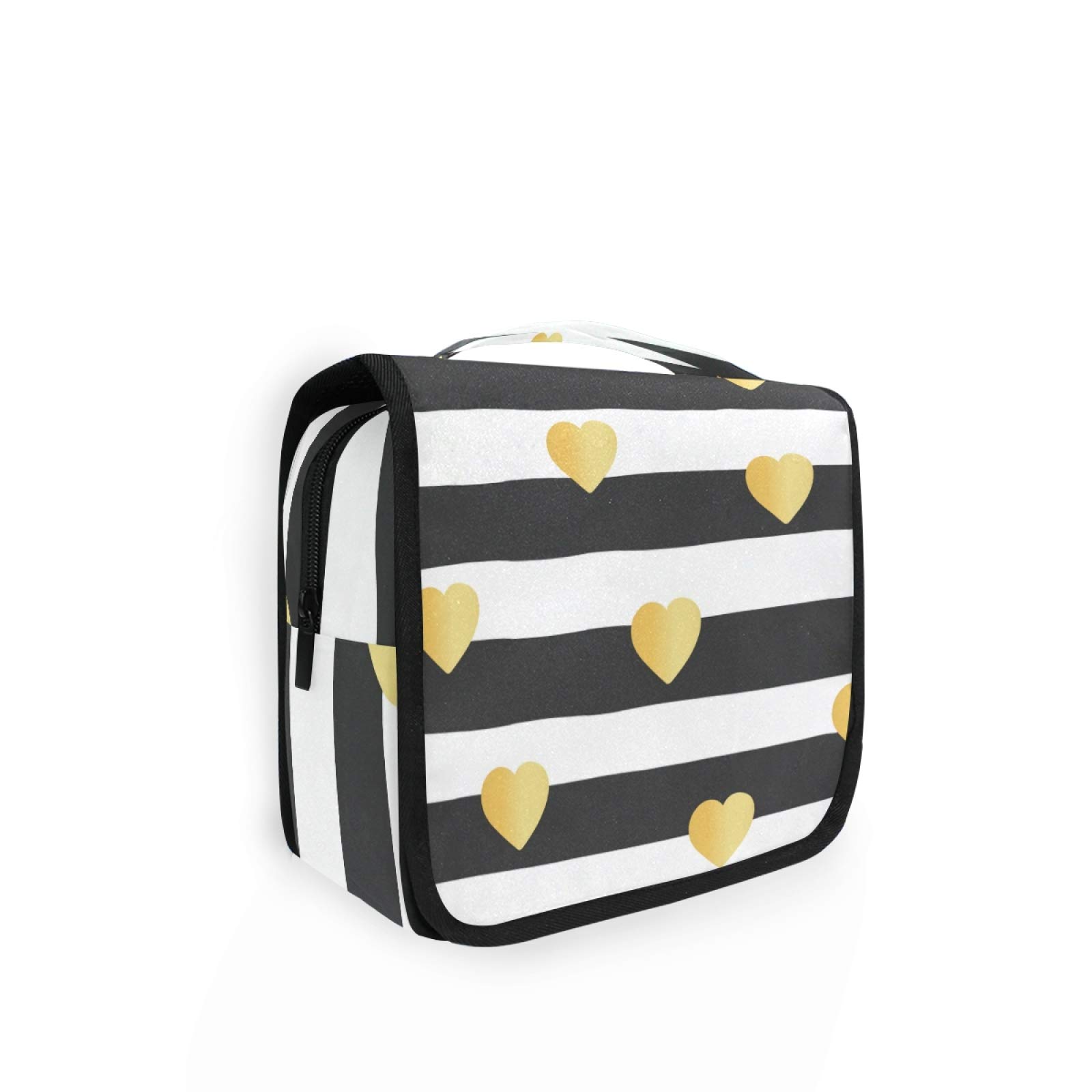 ALAZA Golden Heart White Black Plaid Hanging Toiletry Bag for Women - Large Capacity Waterproof Travel Cosmetic Organizer with Hook - Perfect for Bathroom Storage, Makeup Pouch & Travel Essentials