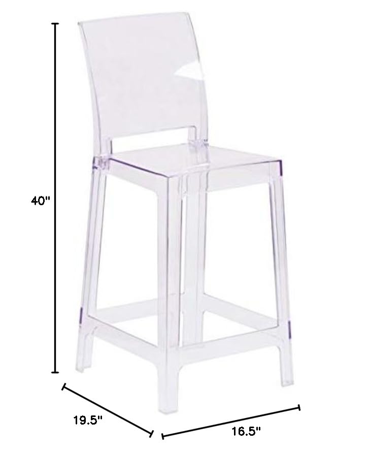 BOWERY HILL 40 Inch Modern Clear Plastic Bar Stools Set of 2 - Contemporary Square Back Counter Height Stools for Kitchen Island, Breakfast Bar & Home Decor