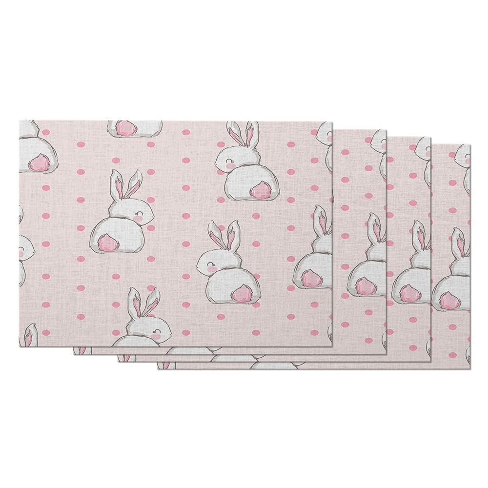 Cute Bunny Placemats Set of 4 - Adorable Cartoon Rabbit Table Mats for Dining, 12x18 Inch Cotton Linen Home Decor - Perfect for Easter, Kids' Parties, and Cozy Family Meals