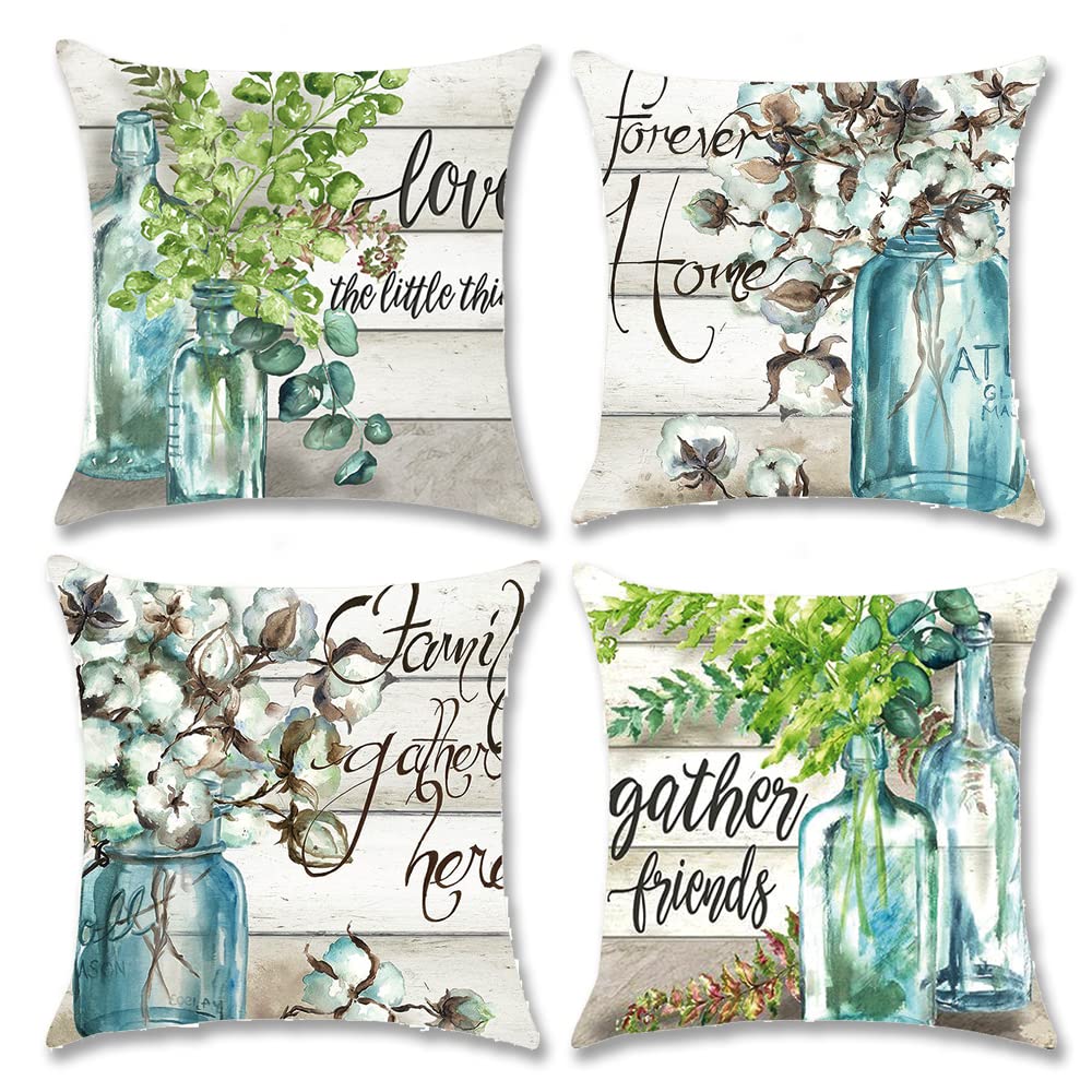 18x18 Inch Spring Summer Floral Throw Pillow Covers Set of 4 - Farmhouse Decor Cotton Leaf Design Decorative Pillows for Sofa, Bed, Living Room - Green Botanical Home Accents