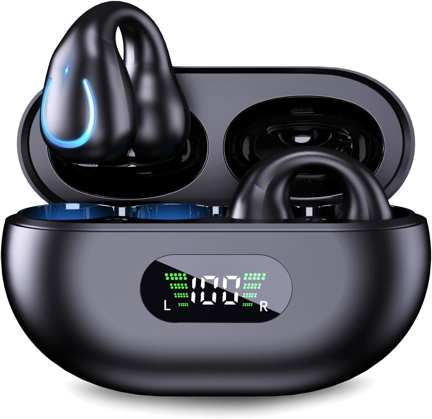 Wireless Open Ear Bluetooth 5.3 Headphones with Digital Display Charging Case - Bone Conduction Clip-On Earbuds, Built-in Mic & IPX7 Waterproof - Button Control Mini Sport Earphones for Running, Fitness, Cycling & Outdoor Activities (Black)