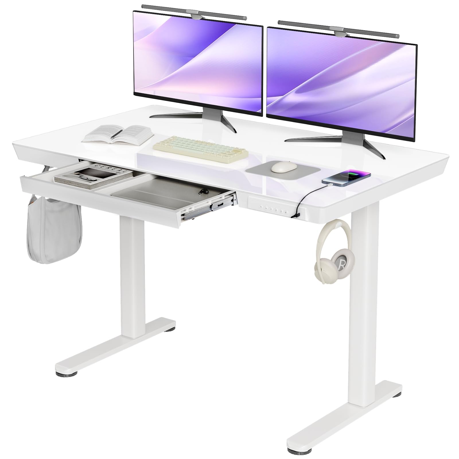 Claiks 48×24 Inch Adjustable Height Glass Standing Desk with Drawers - Quick Assembly Home Office Computer Desk with USB Ports - White - Perfect for Remote Work & Small Spaces