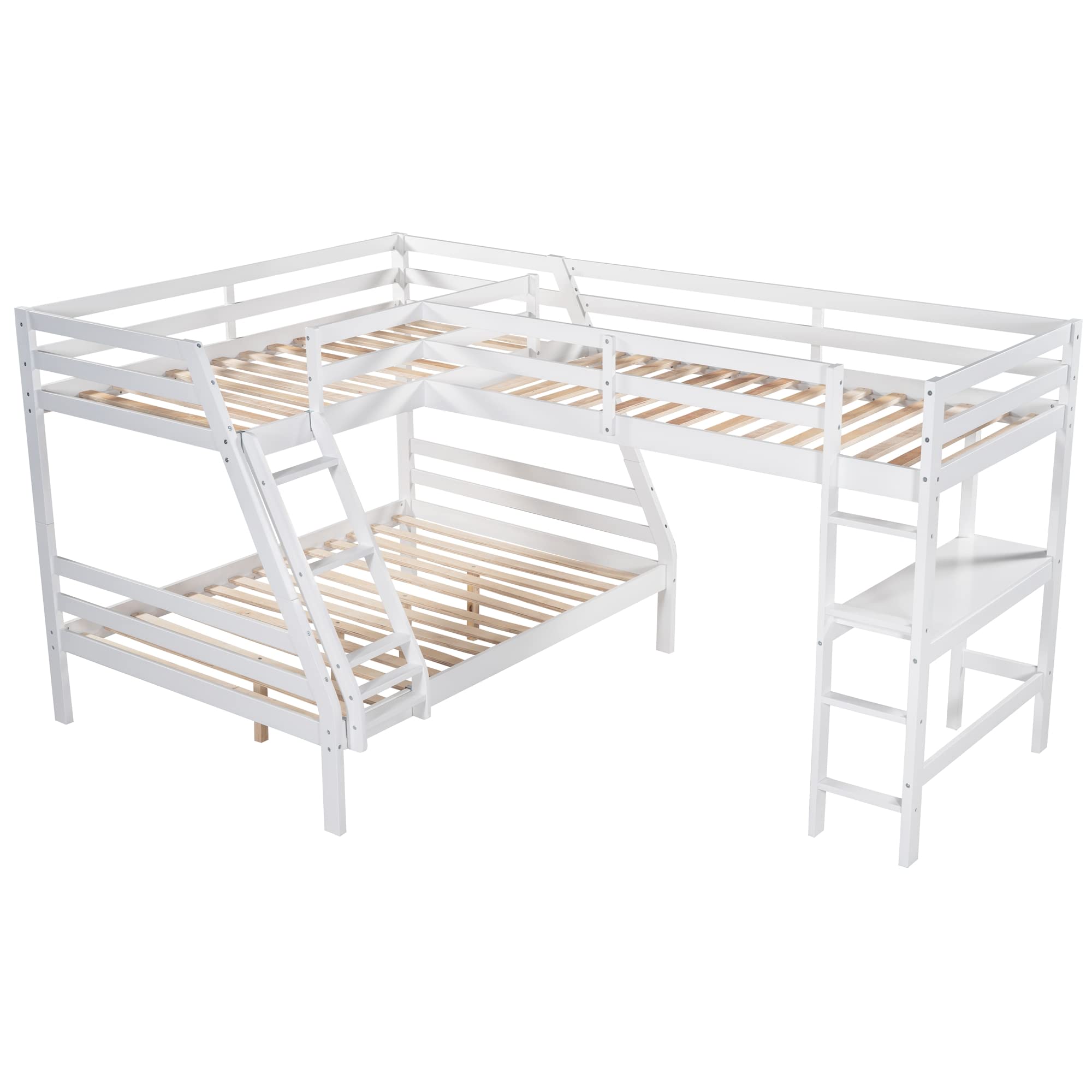 SOFTSEA L-Shaped Corner Bunk Bed with Built-in Desk for 3 Kids - Twin Over Full Triple Bunk Bed & Twin Loft Bed for Teens - Space Saving Kids Bedroom Furniture for Small Rooms, Dorm, or Shared Bedrooms