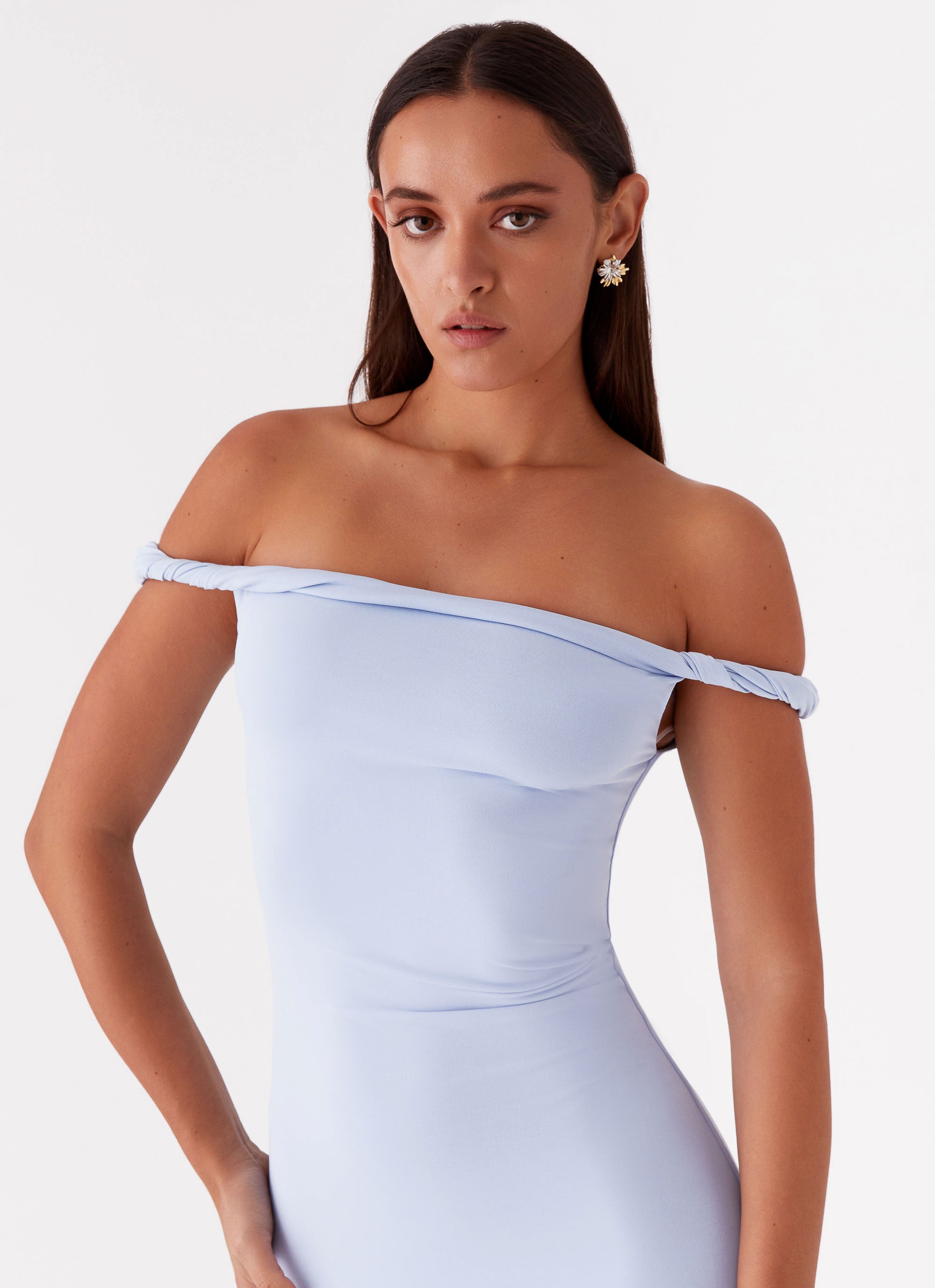 Arabella Twist Shoulder Maxi Dress - Elegant Blue Flowy Summer Dress for Women | Perfect for Beach Vacations, Weddings & Evening Parties