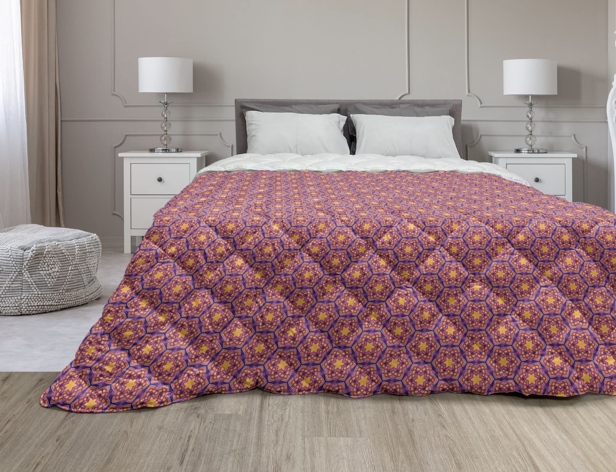 Ambesonne Oriental Down Alternative Comforter - Full Size Ethnic Floral Geometric Design Microfiber Quilt for All Seasons in Marigold Pink & Fuchsia | Perfect for Bedroom Decor, Guest Room & Bohemian Style Homes