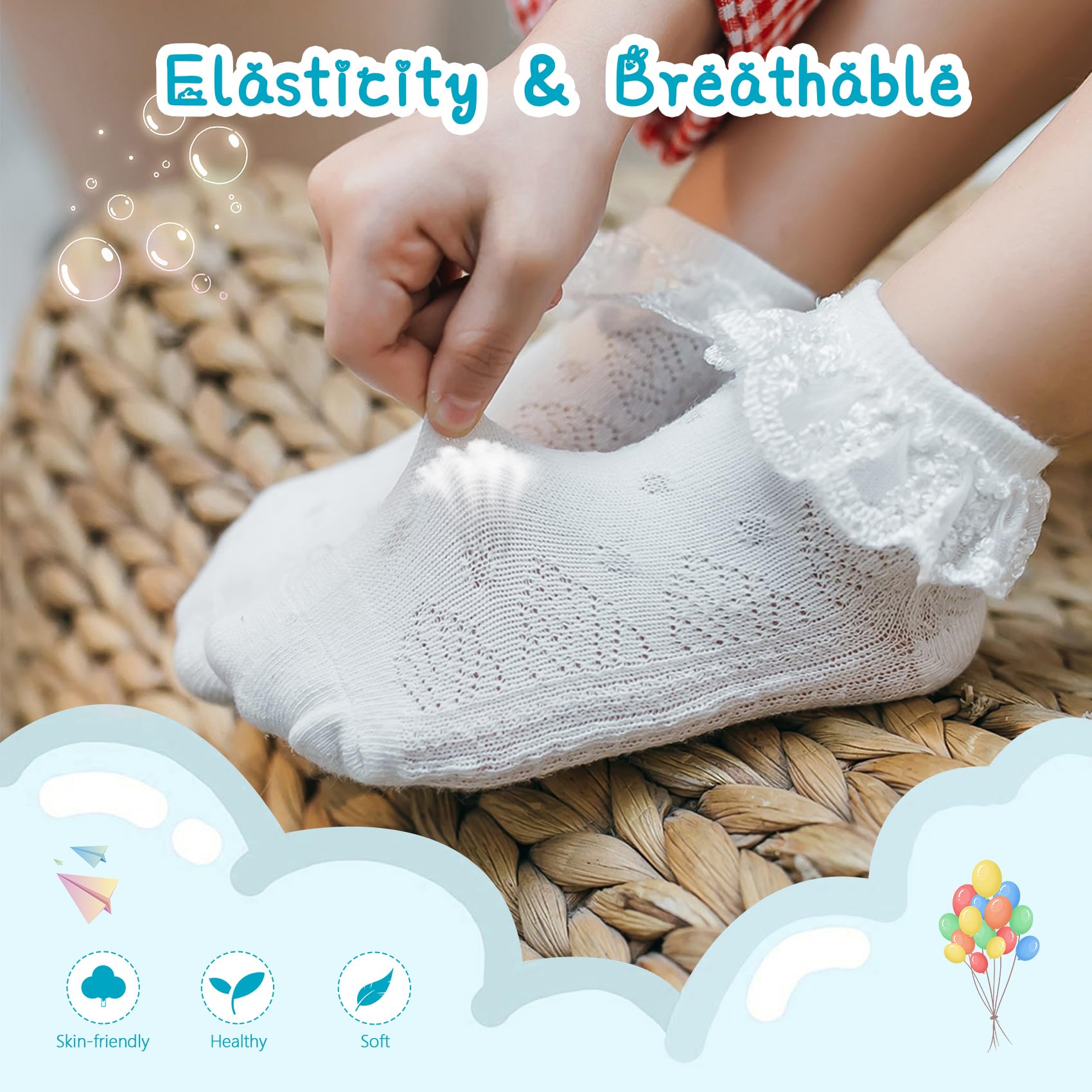 Durio Baby Girls Ruffle Socks - Soft Cotton Toddler Socks with Cute Frilly Lace Trim | Non-Slip & Breathable | Perfect for Dress-Up, Parties & Everyday Wear