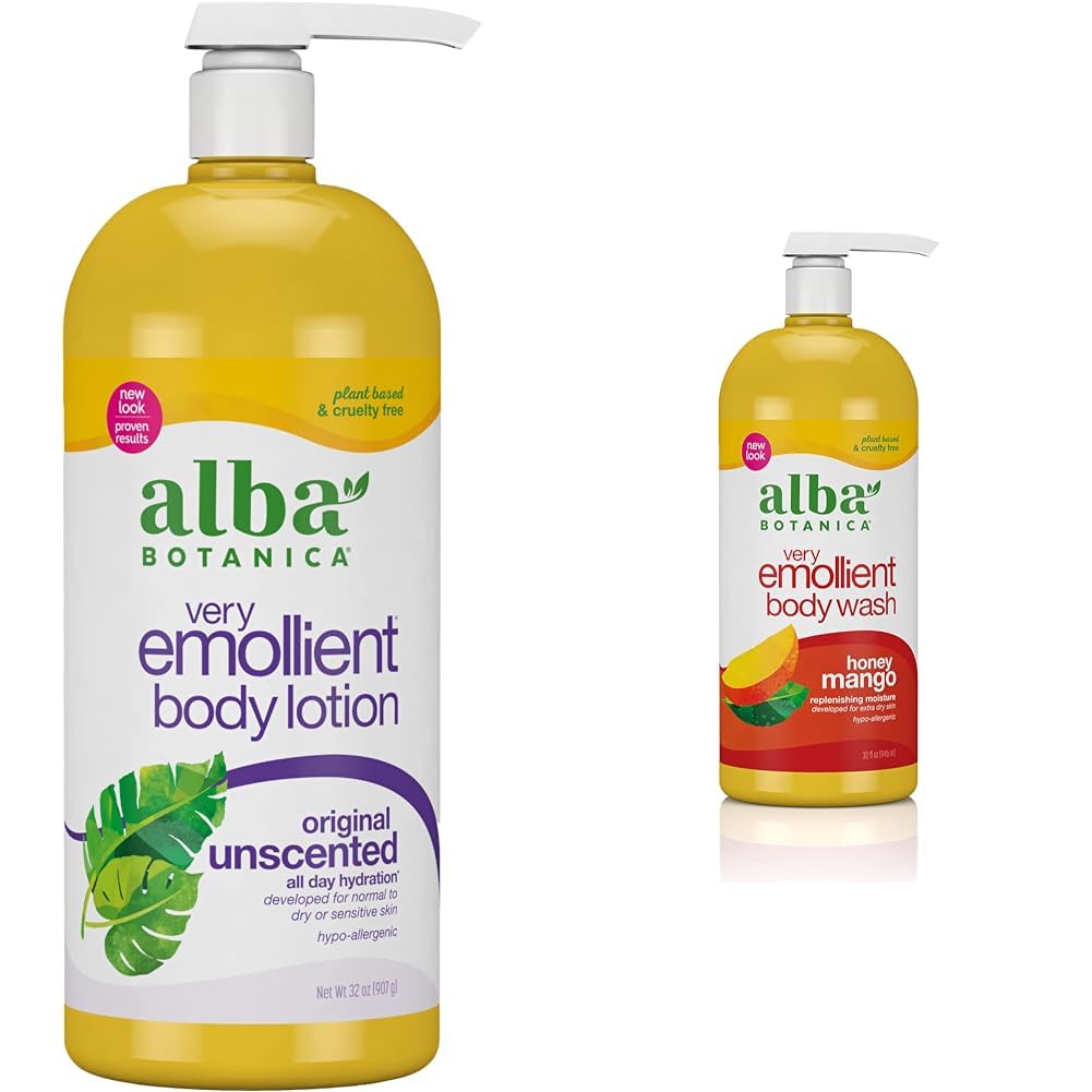 Alba Botanica Very Emollient Unscented 32 Oz Body Lotion & Honey Mango 32 Oz Body Wash Bundle - Ultra Hydrating Moisturizer & Refreshing Shower Gel for Dry Sensitive Skin - Perfect for Daily Skincare Routine & Spa Day at Home