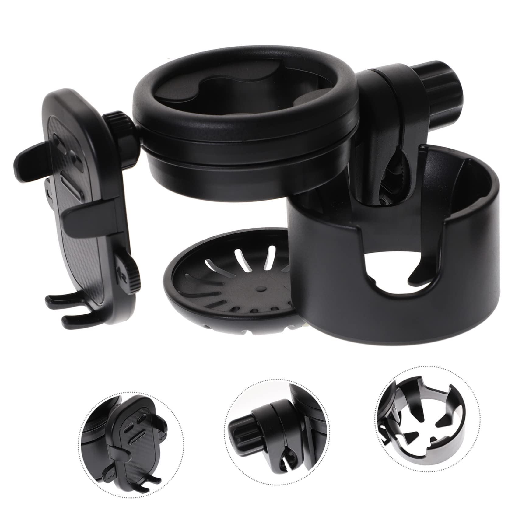 BIUDECO Universal Stroller Cup Holder with Phone Pocket - Black Pram Organizer for Baby Bottles, Drinks & Smartphones - Perfect for Walking, Jogging & Shopping with Your Stroller