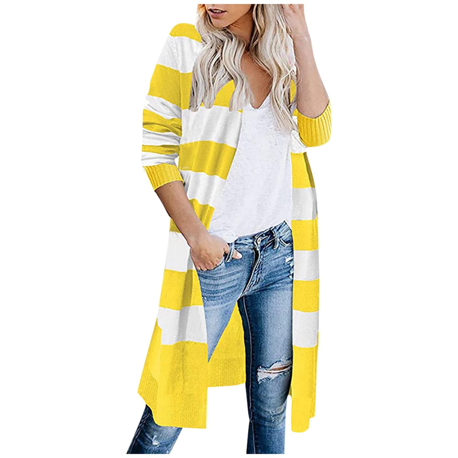 Women's Long Sleeve Striped Knit Hooded Cardigan Sweater - Cozy Fall & Winter Fashion for Casual Outfits, Office Wear & Layering