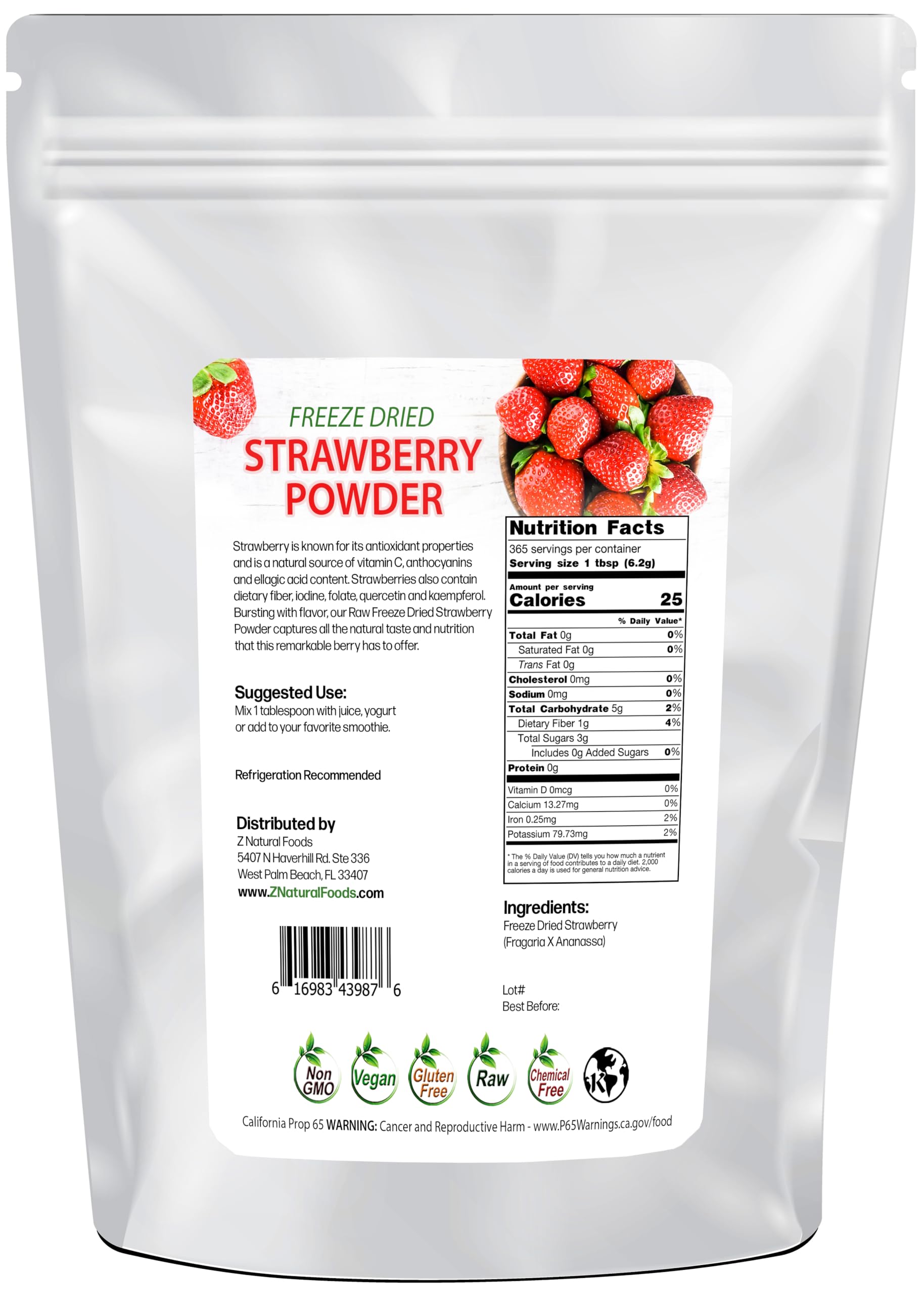Organic Strawberry Powder by Z Natural Foods - Freeze Dried, Non-GMO, Gluten-Free for Smoothies, Baking & Healthy Snacks