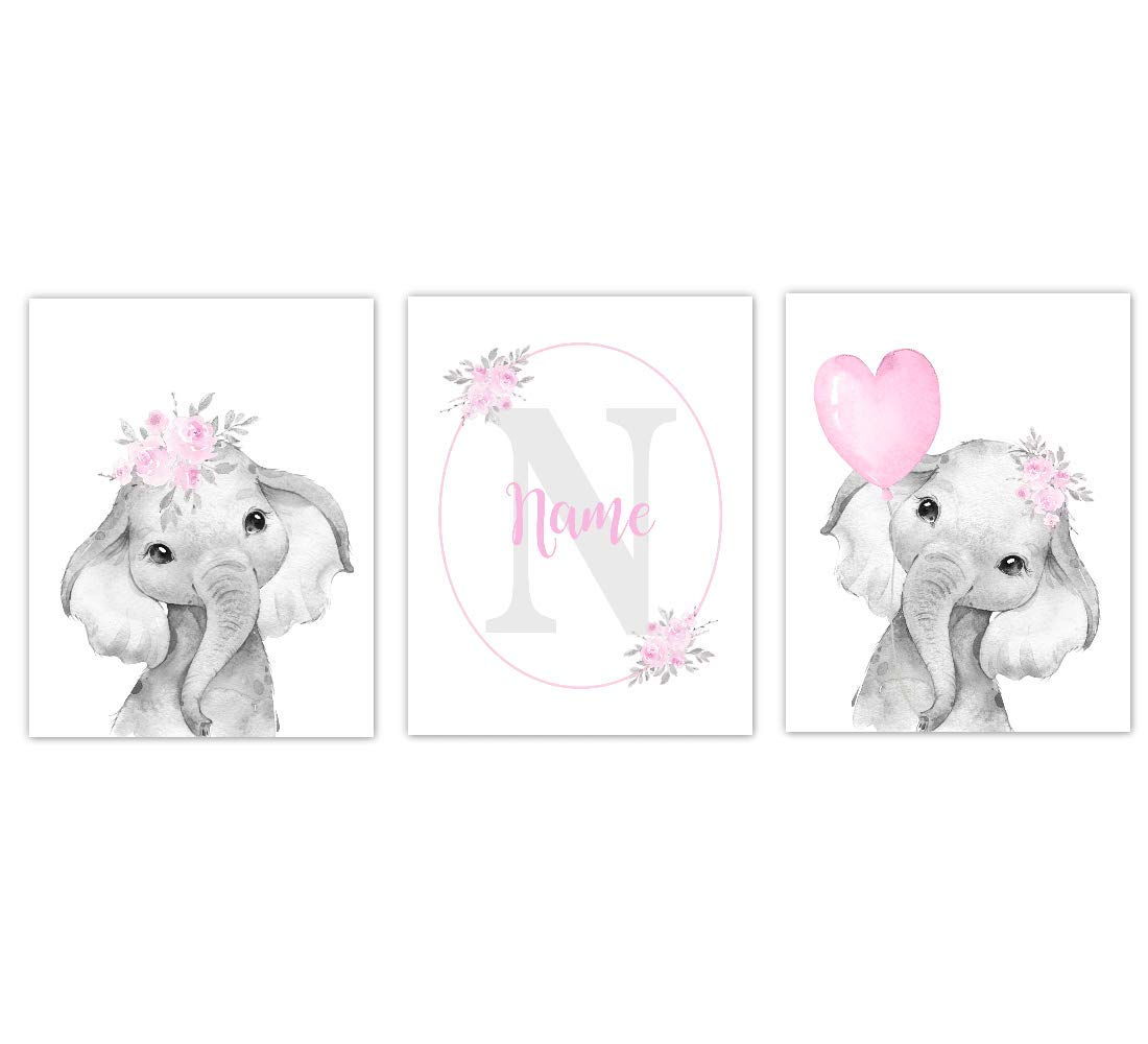Personalized Baby Girl Nursery Wall Art - Pink Elephants & Watercolor Flowers for Nursery Decor