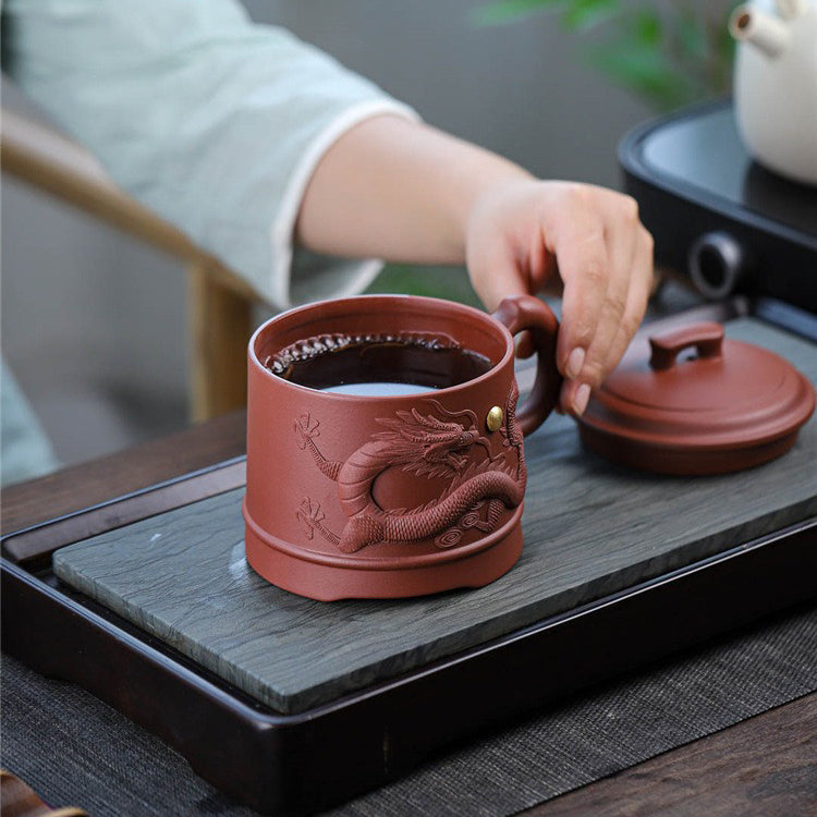 Premium Yixing Purple Clay Tea Mug with Hand-Carved Dragon Design - Authentic Chinese Teapot for Gongfu Tea Ceremony, Gift for Tea Lovers, Perfect for Home & Office Use