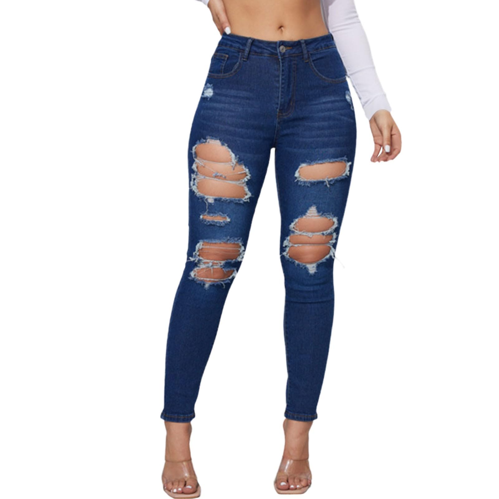 Women's High Waisted Straight Wide Leg Baggy Jeans - Stretchy Skinny Fit & Butt Lifting Design - Trendy Ripped Denim Pants for Casual Wear, Street Style & Night Out